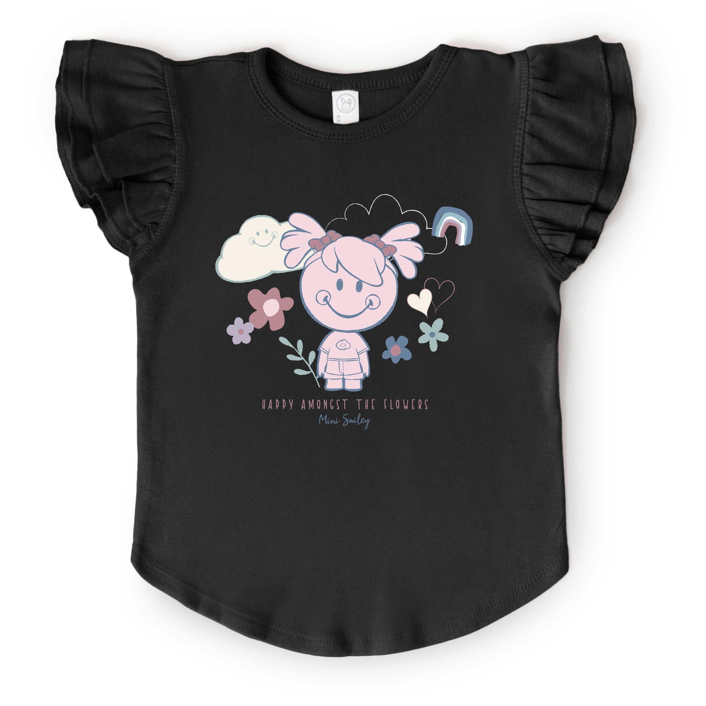 Mini Smiley Happy Amongst The Flowers - Flutter Sleeve Graphic T-Shirt