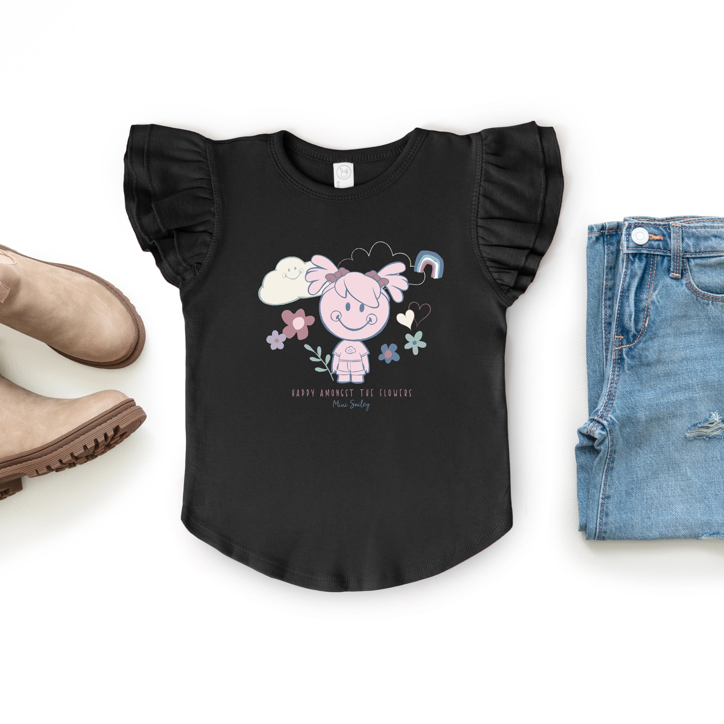Mini Smiley Happy Amongst The Flowers - Flutter Sleeve Graphic T-Shirt