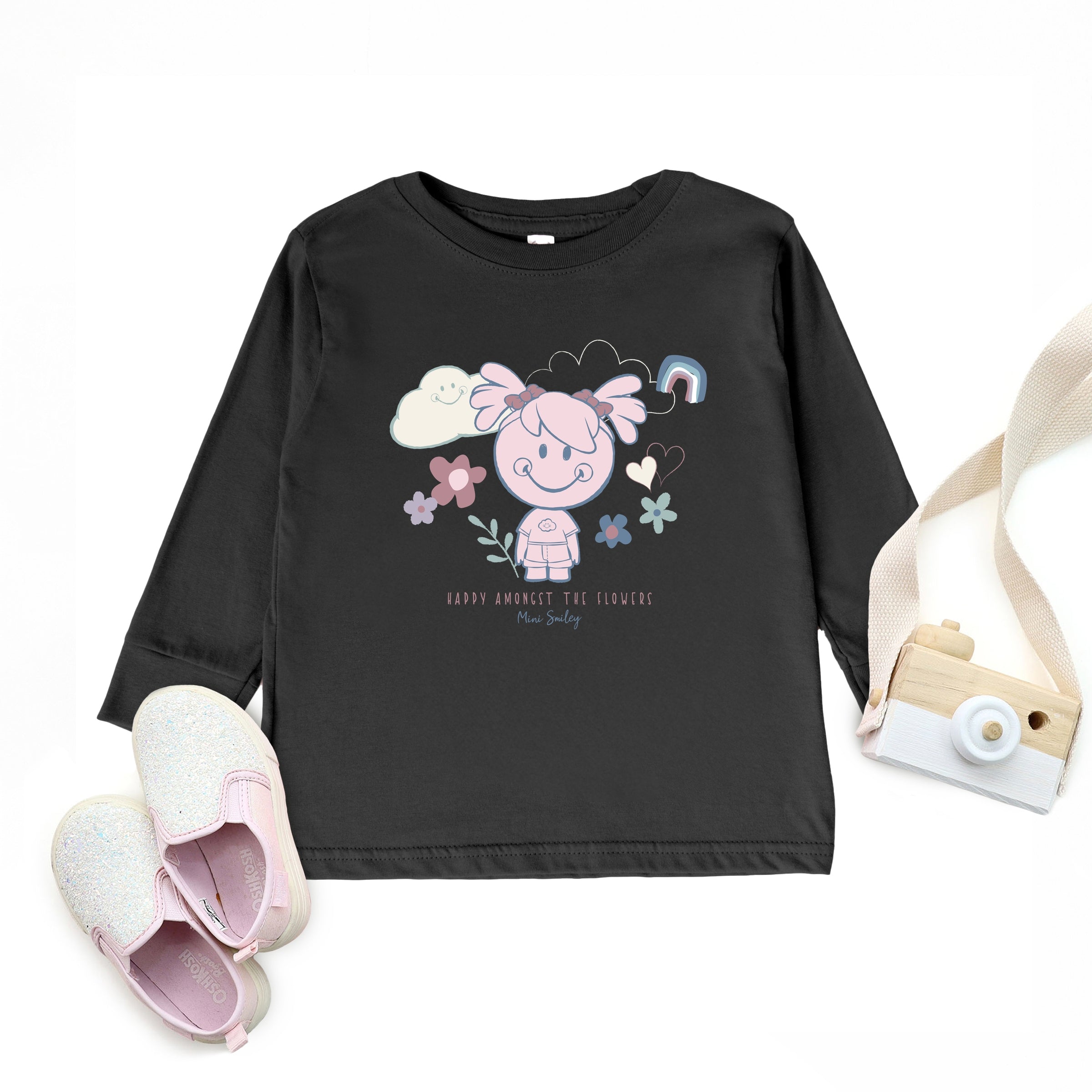 Mini Smiley Happy Amongst The Flowers - Toddler Long Sleeve Graphic Tee