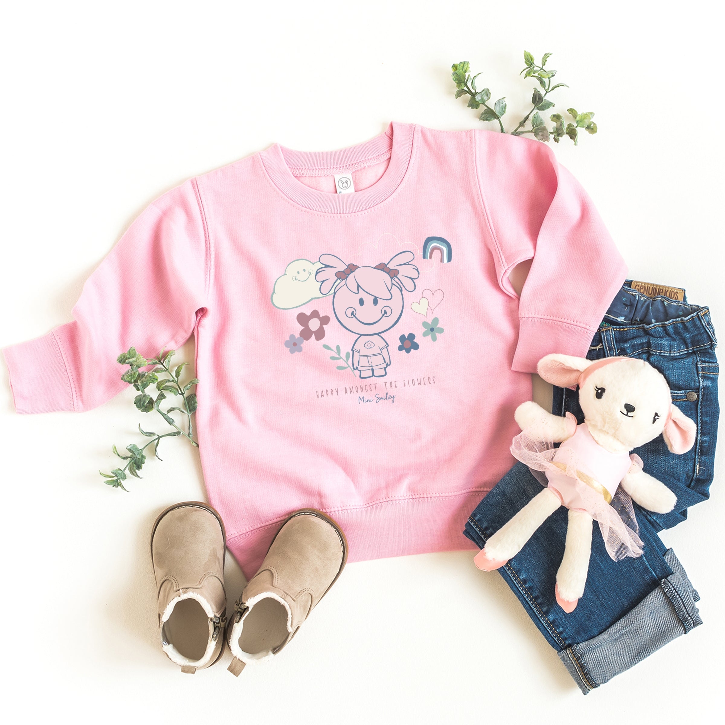 Mini Smiley Happy Amongst The Flowers - Toddler Graphic Sweatshirt