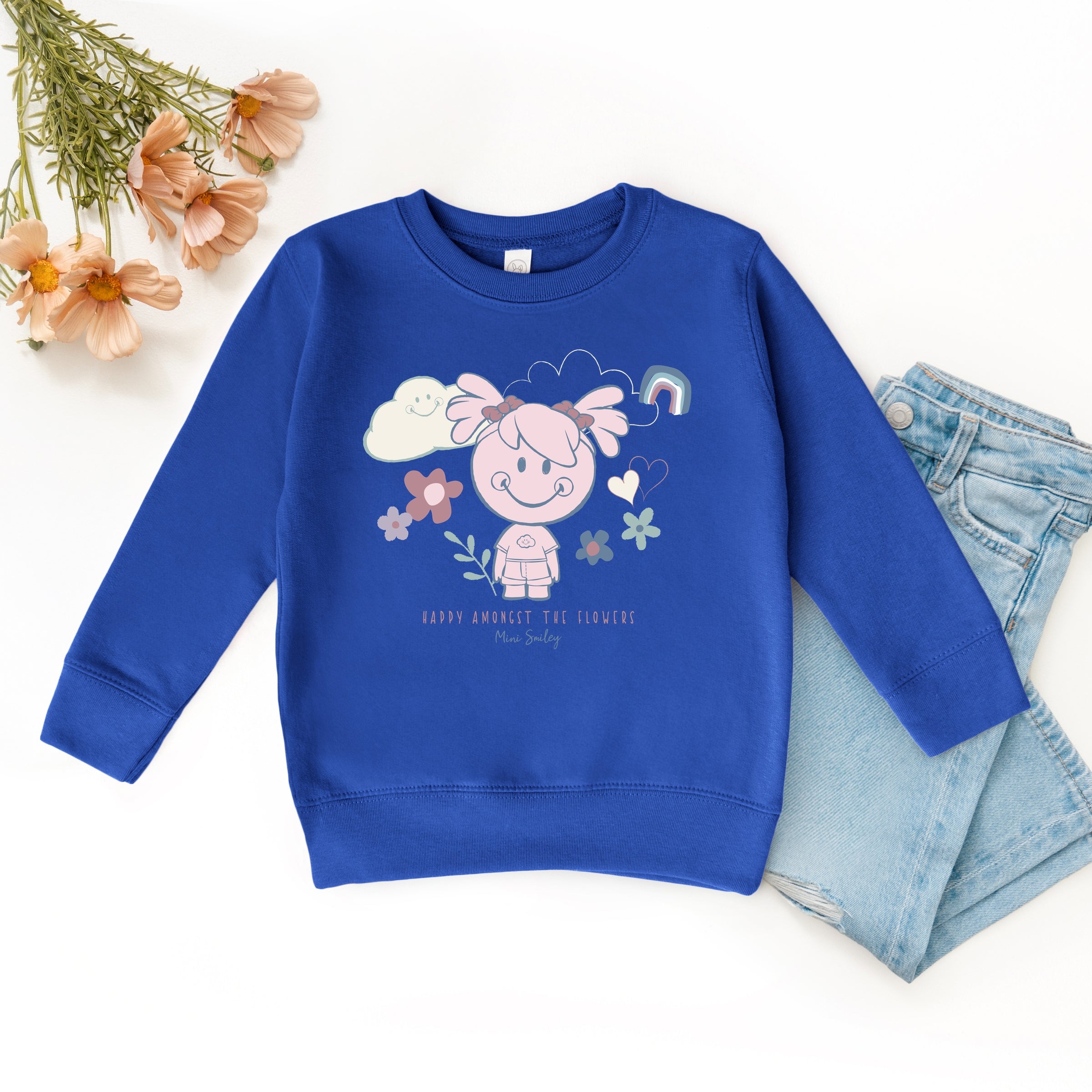Mini Smiley Happy Amongst The Flowers - Toddler Graphic Sweatshirt