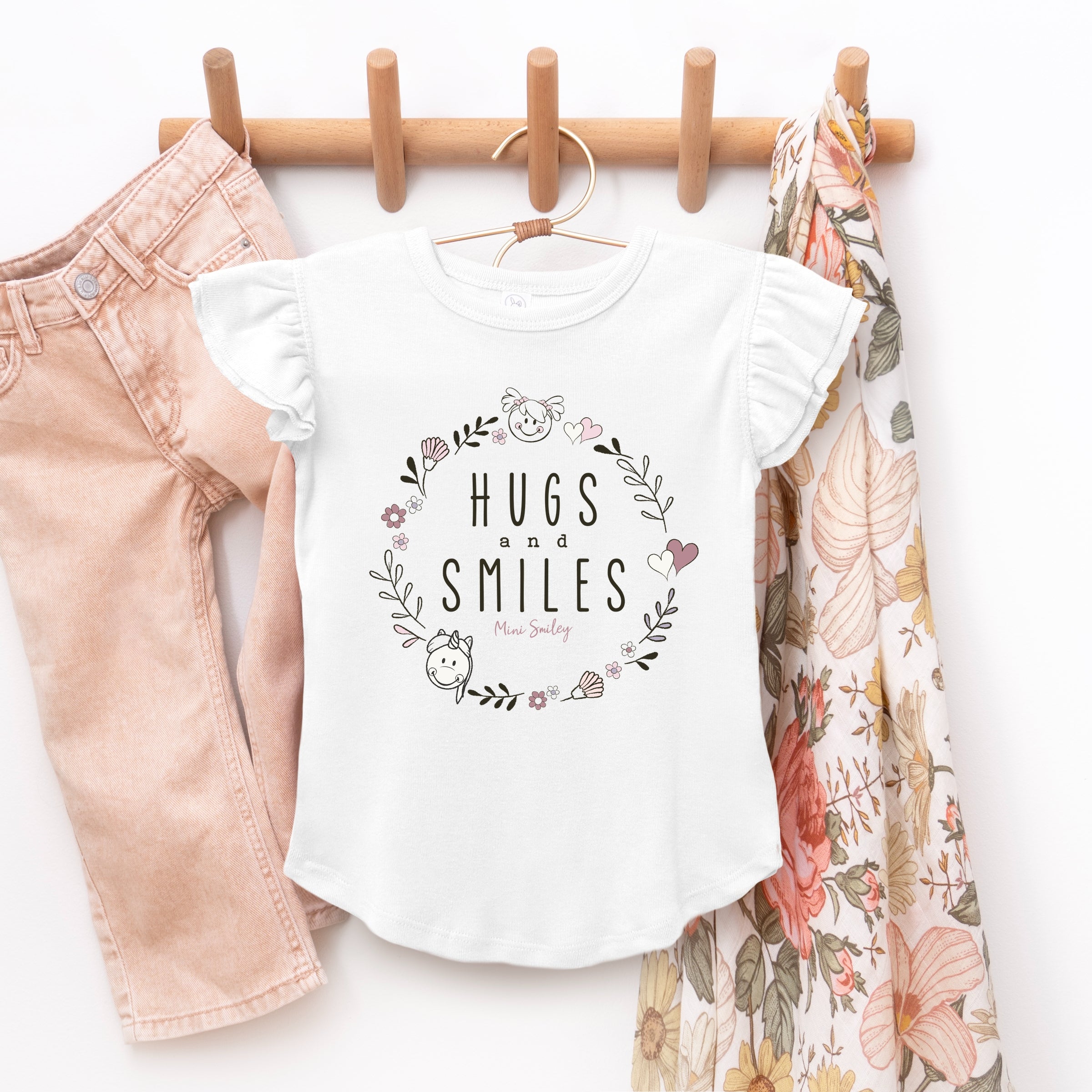 Mini Smiley Hugs and Smiles - Flutter Sleeve Graphic T-Shirt
