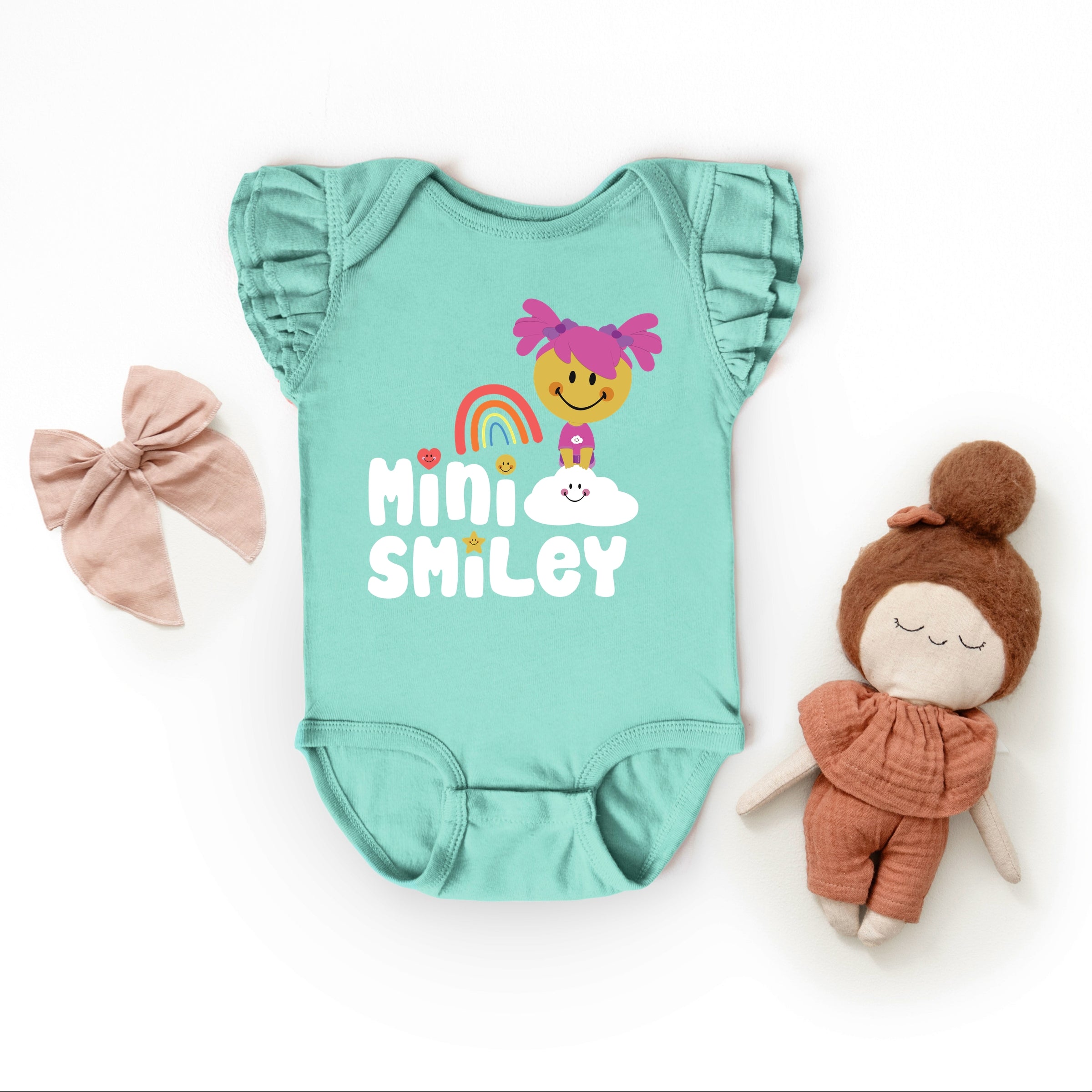 Mini Smiley Rainbow Cloud Aria - Baby Flutter Sleeve Bodysuit