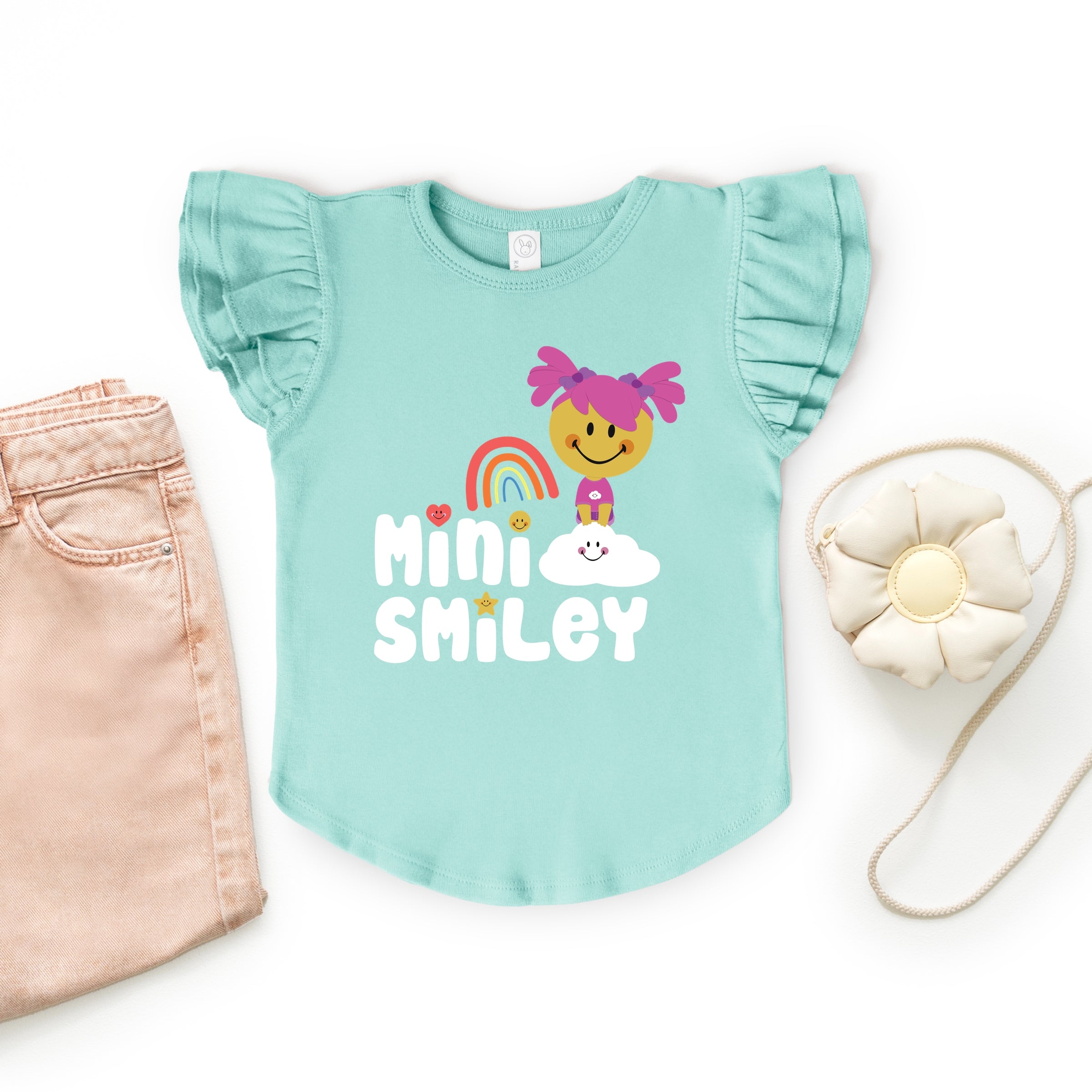Mini Smiley Rainbow Cloud Aria - Flutter Sleeve Graphic T-Shirt