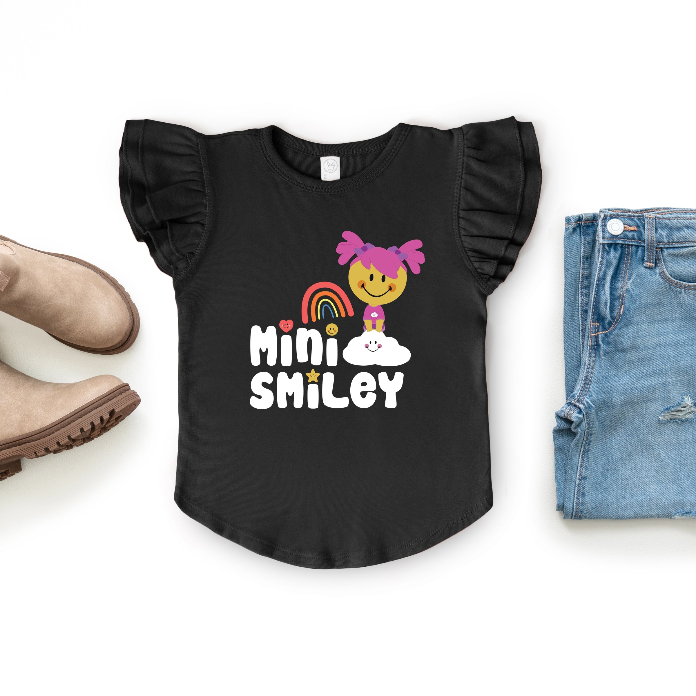 Mini Smiley Rainbow Cloud Aria - Flutter Sleeve Graphic T-Shirt