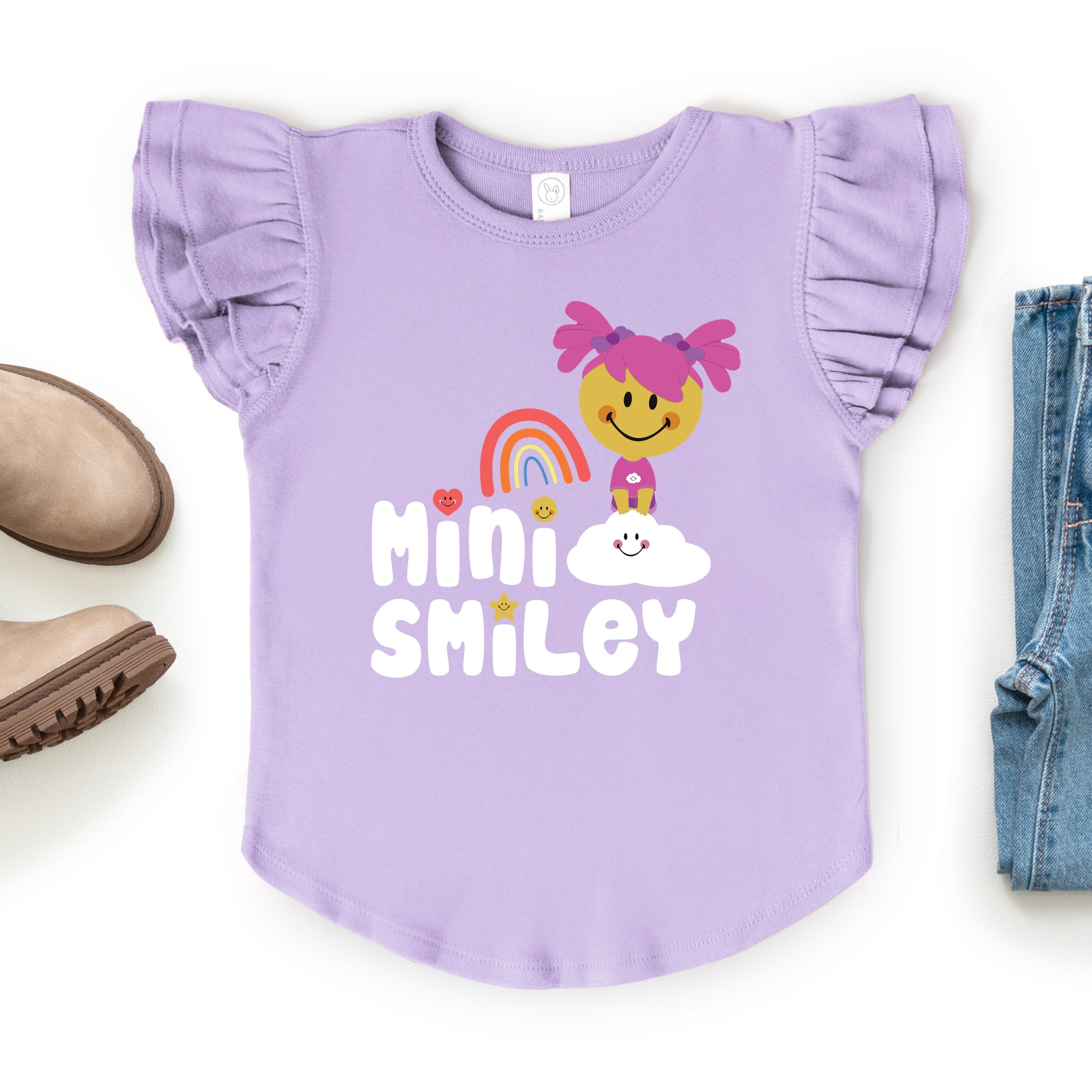 Mini Smiley Rainbow Cloud Aria - Flutter Sleeve Graphic T-Shirt