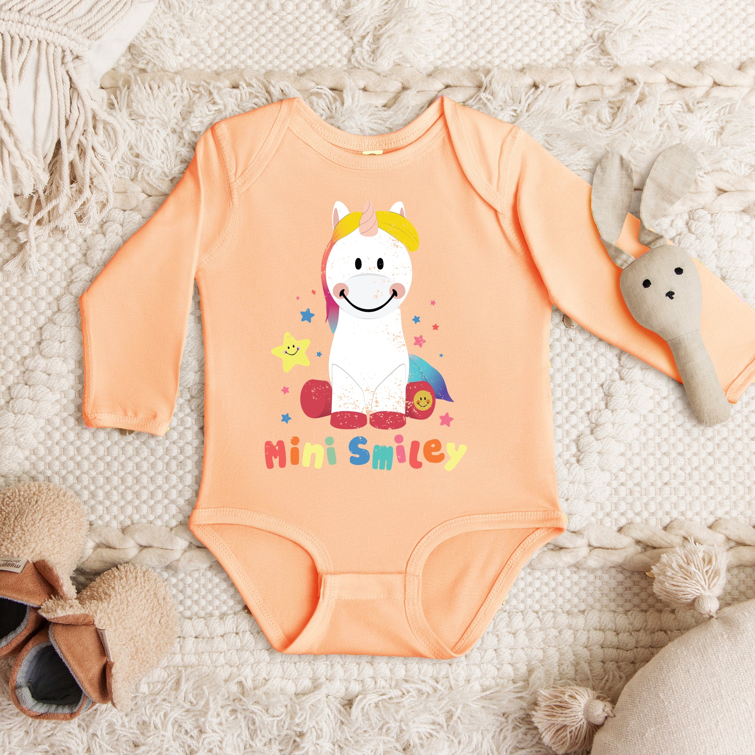 Mini Smiley Unicorn Distressed - Baby Long Sleeve Bodysuit