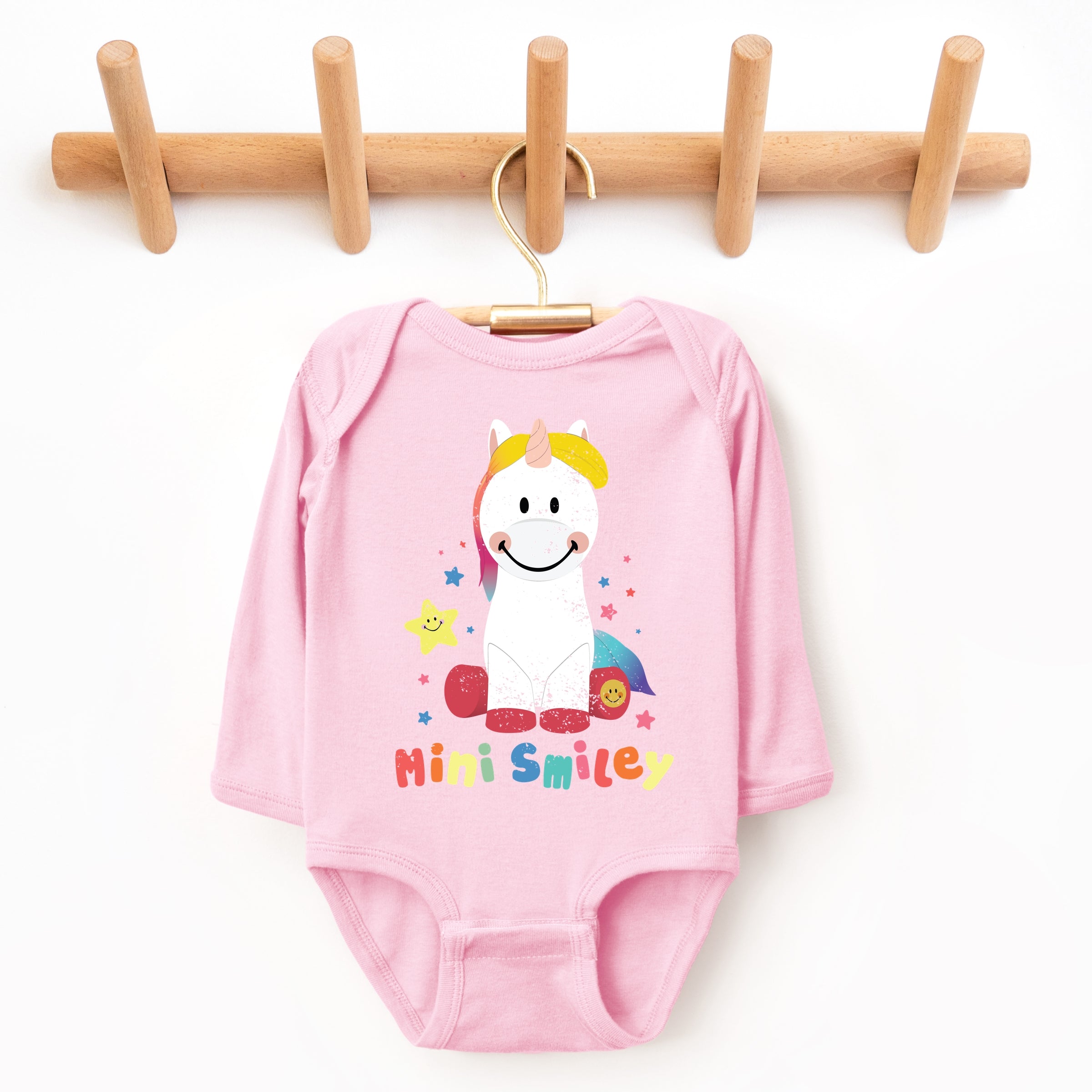 Mini Smiley Unicorn Distressed - Baby Long Sleeve Bodysuit
