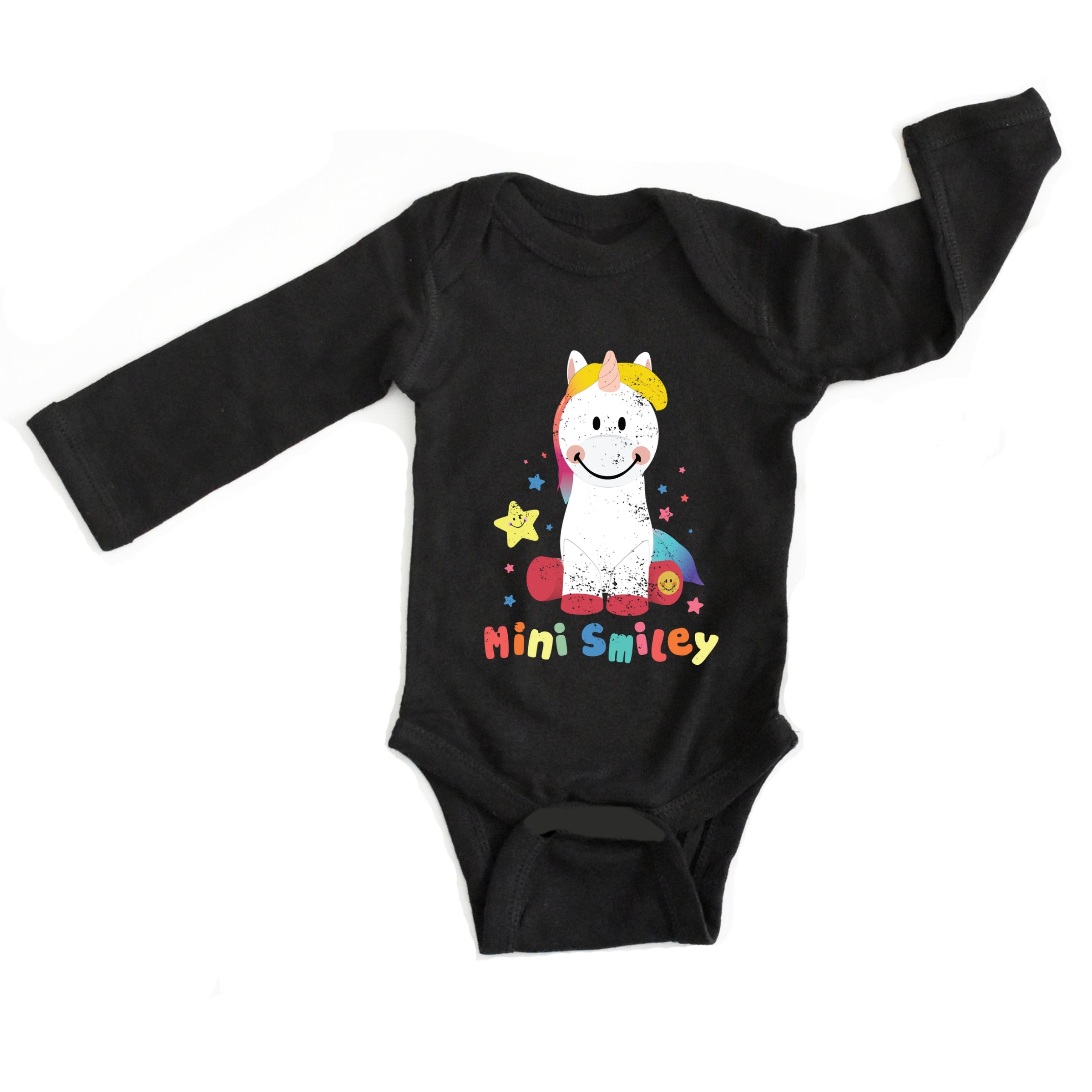 Mini Smiley Unicorn Distressed - Baby Long Sleeve Bodysuit