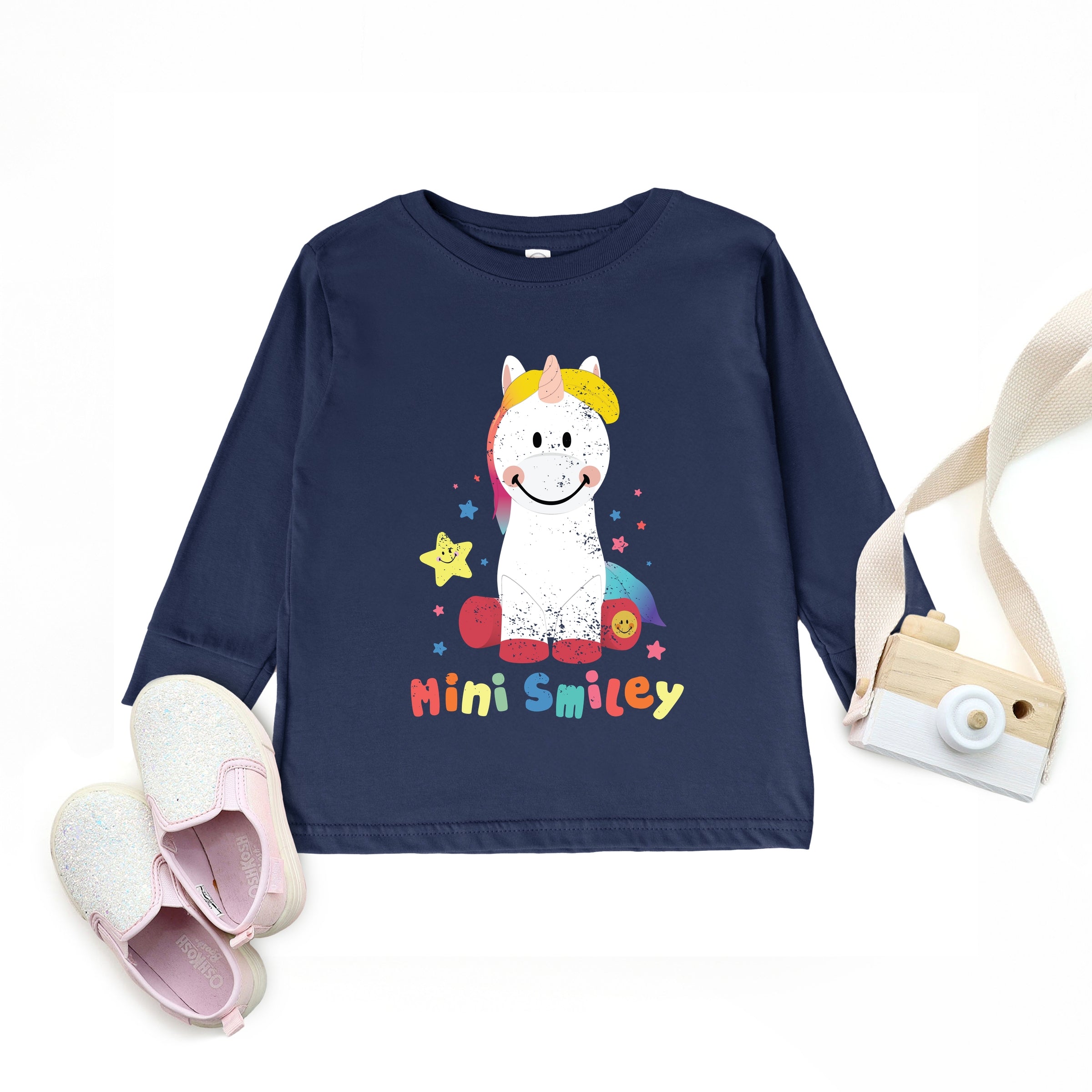 Mini Smiley Unicorn Distressed - Toddler Long Sleeve Graphic Tee