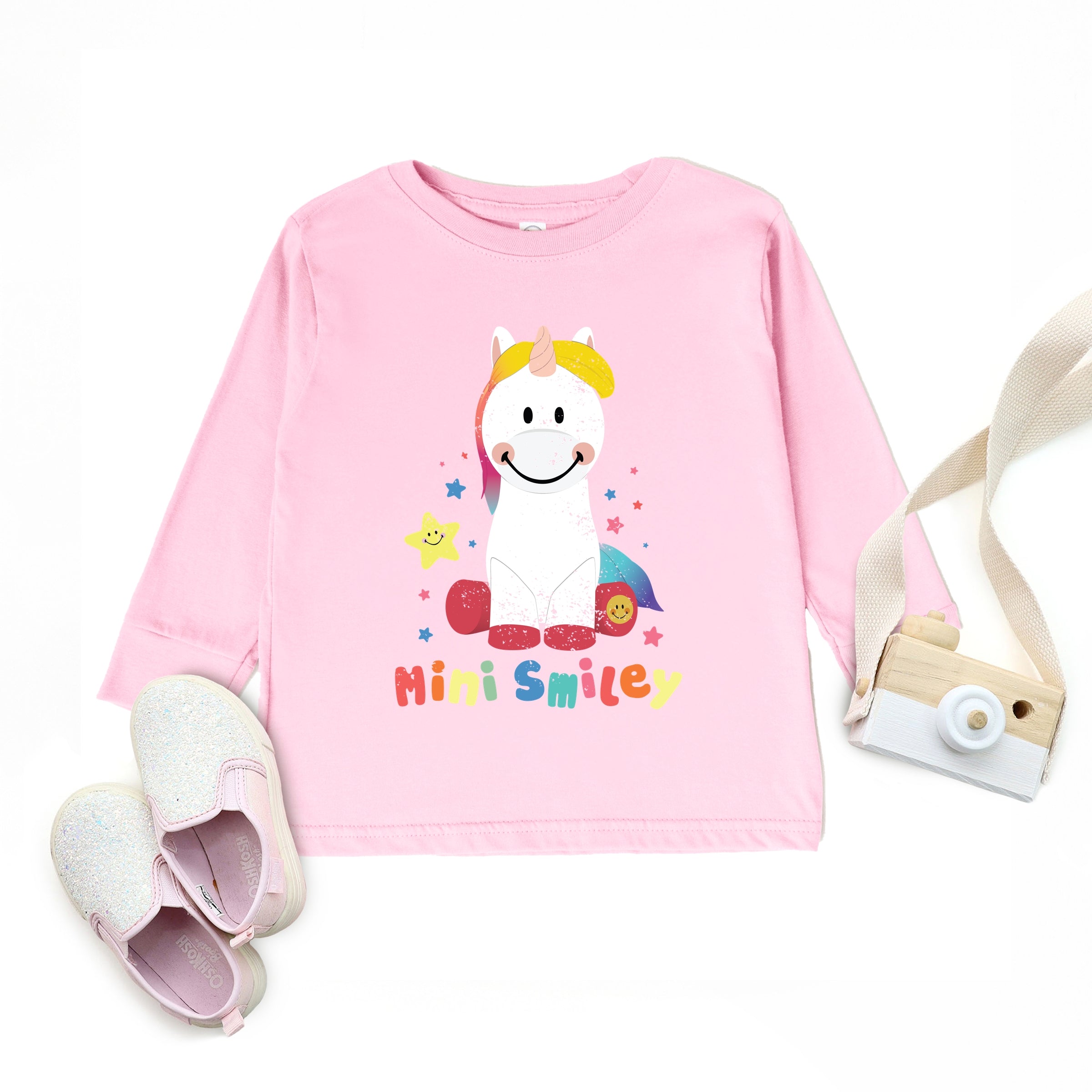 Mini Smiley Unicorn Distressed - Toddler Long Sleeve Graphic Tee