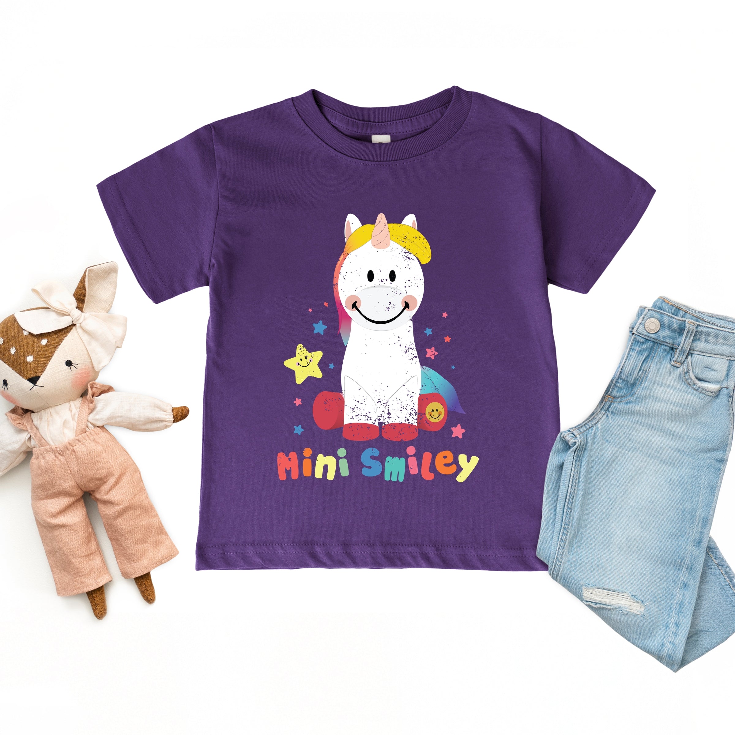 Mini Smiley Unicorn Distressed - Toddler Short Sleeve Graphic T-Shirt