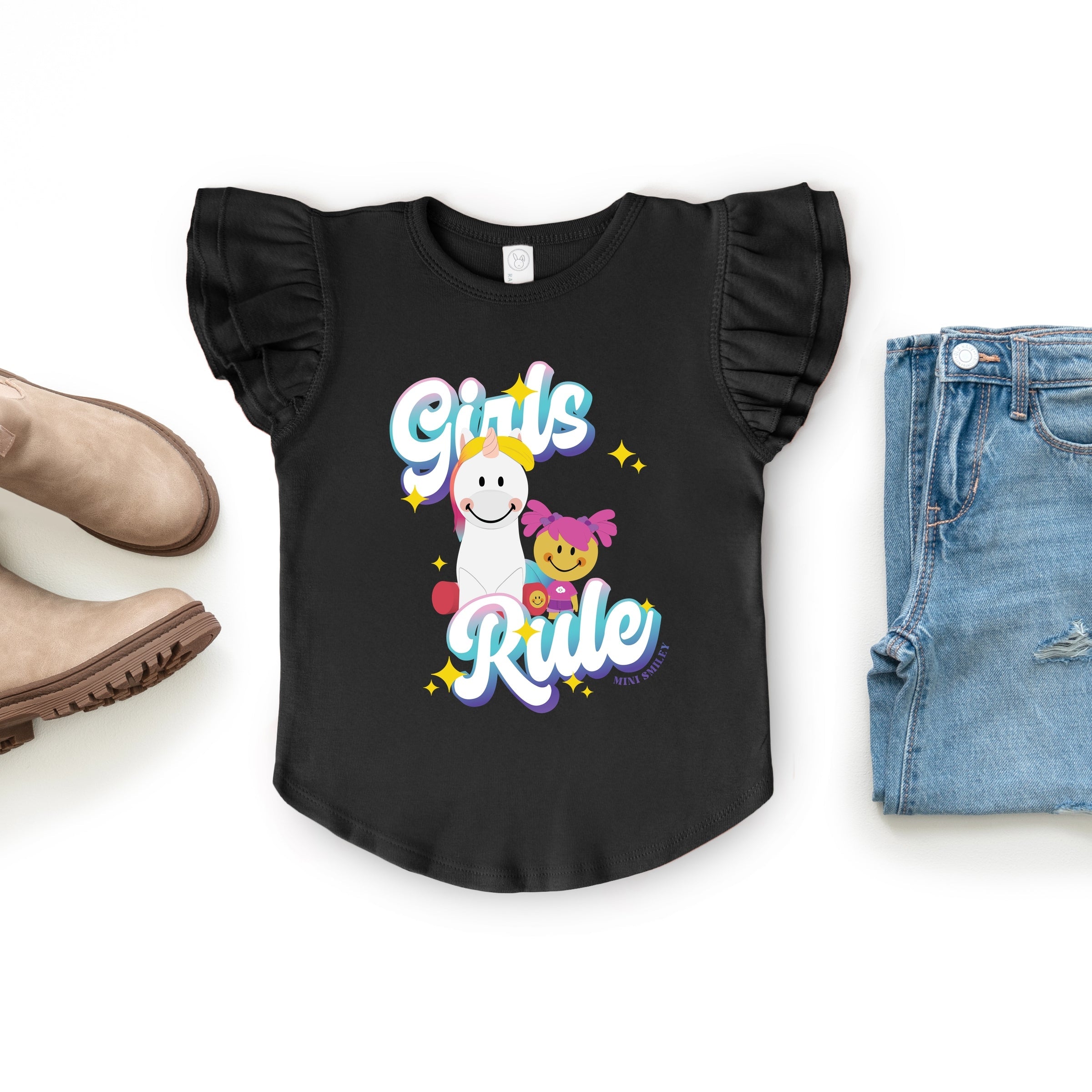Mini Smiley Girls Rule - Flutter Sleeve Graphic T-Shirt