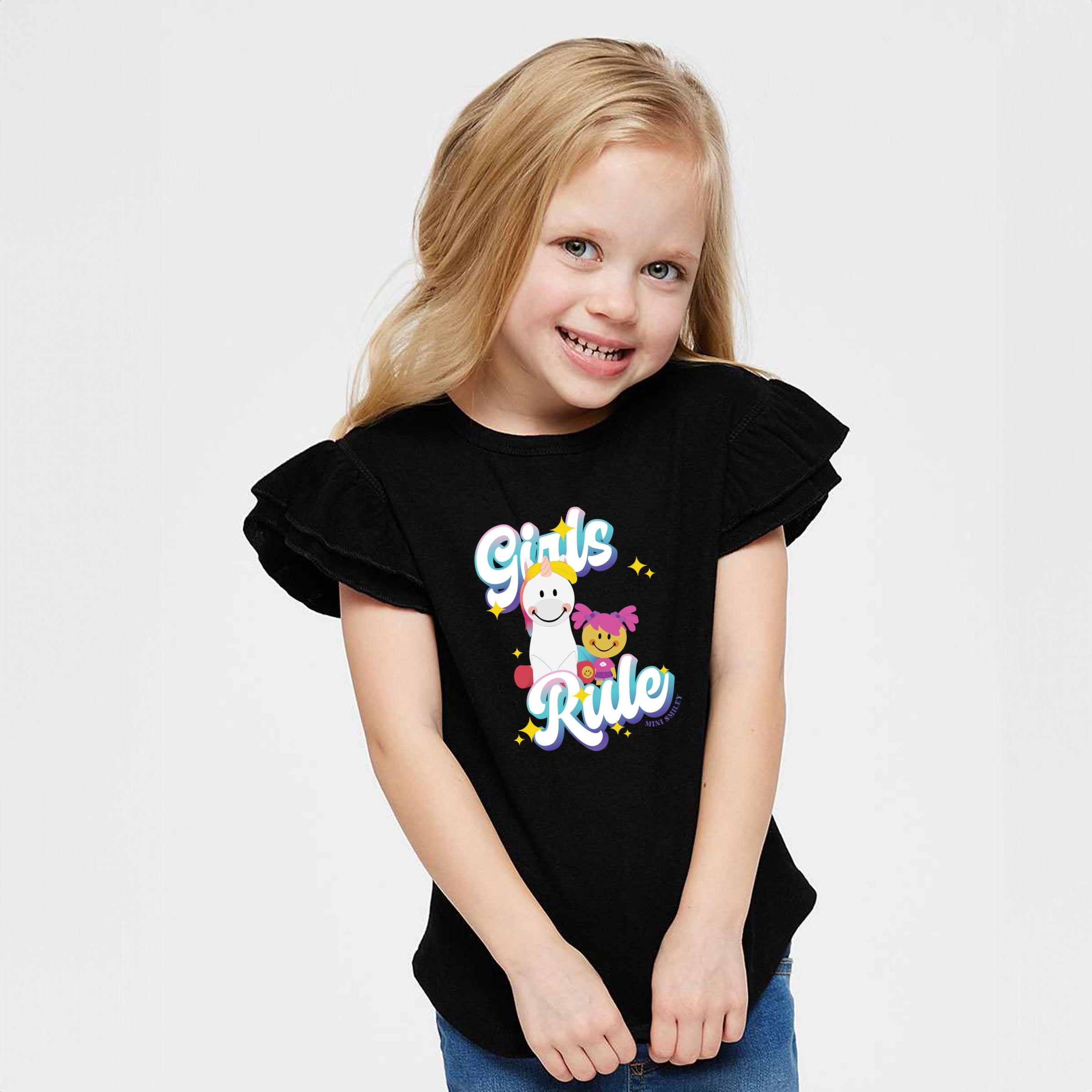 Mini Smiley Girls Rule - Flutter Sleeve Graphic T-Shirt