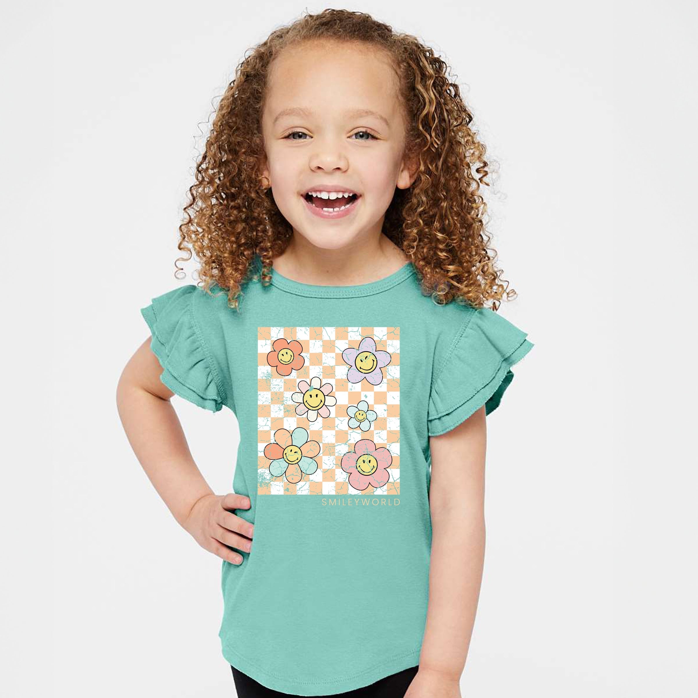 SmileyWorld Checkered Floral Distressed - Flutter Sleeve Graphic T-Shirt
