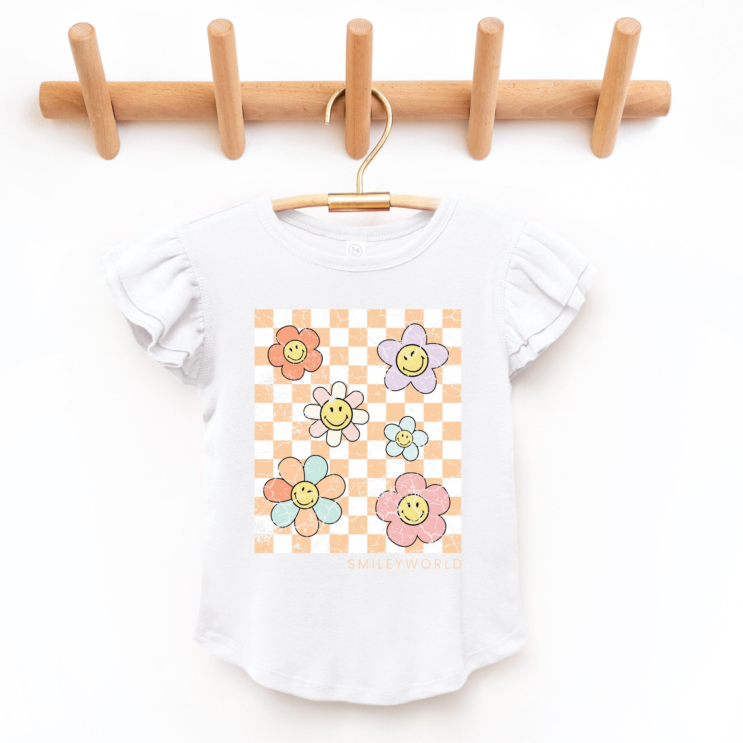 SmileyWorld Checkered Floral Distressed - Flutter Sleeve Graphic T-Shirt