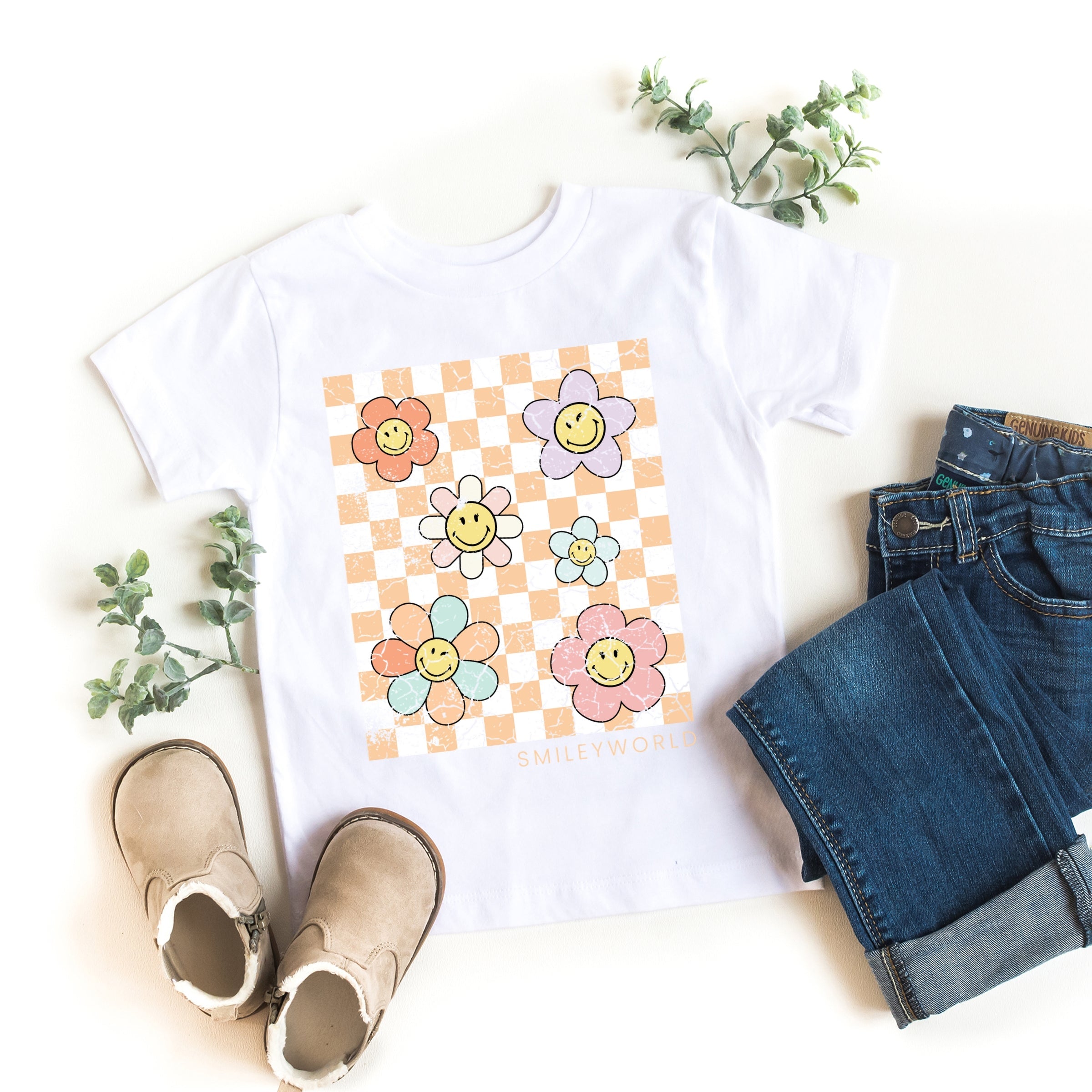 SmileyWorld Checkered Floral Distressed - Toddler Short Sleeve Graphic T-Shirt
