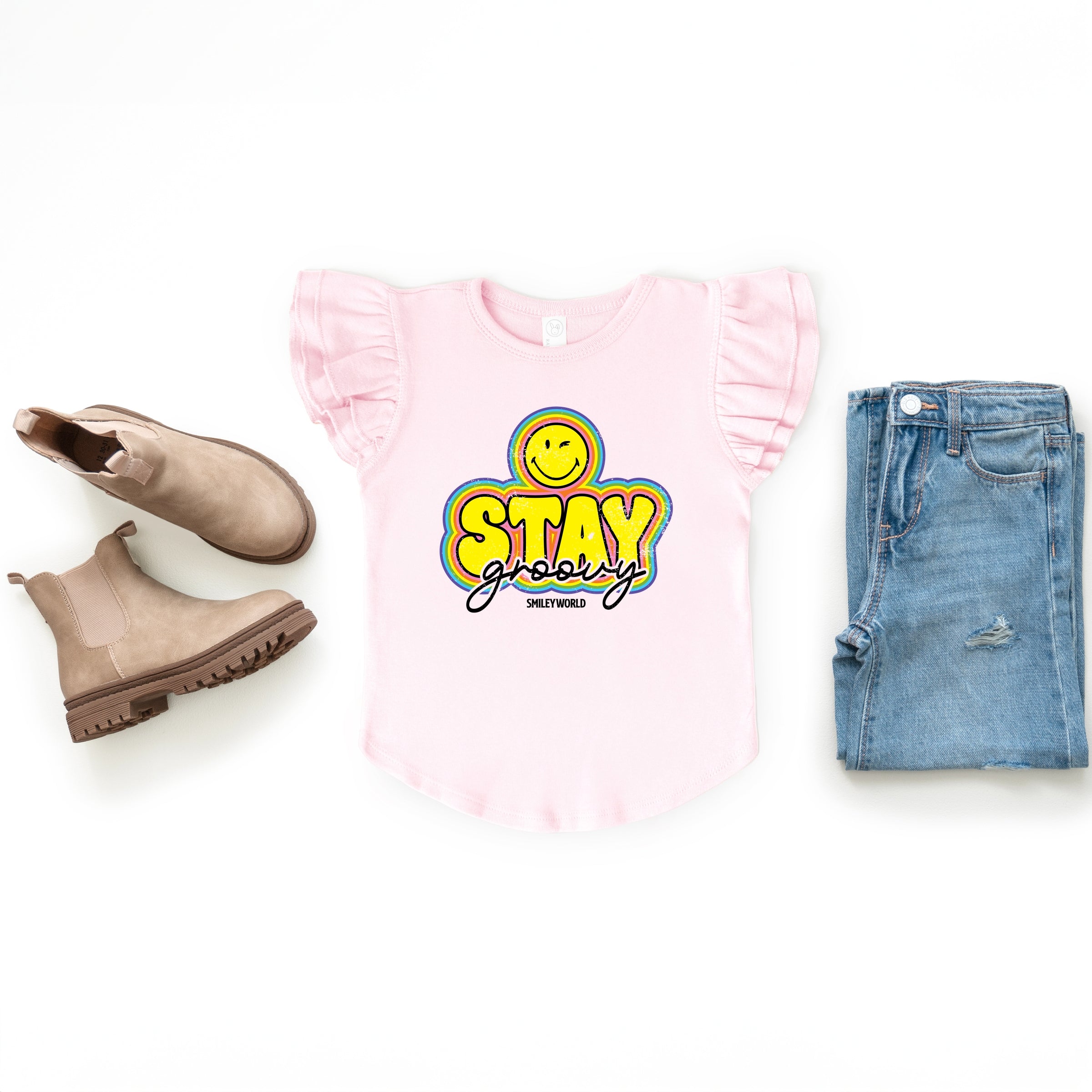 SmileyWorld Stay Groovy - Flutter Sleeve Graphic T-Shirt