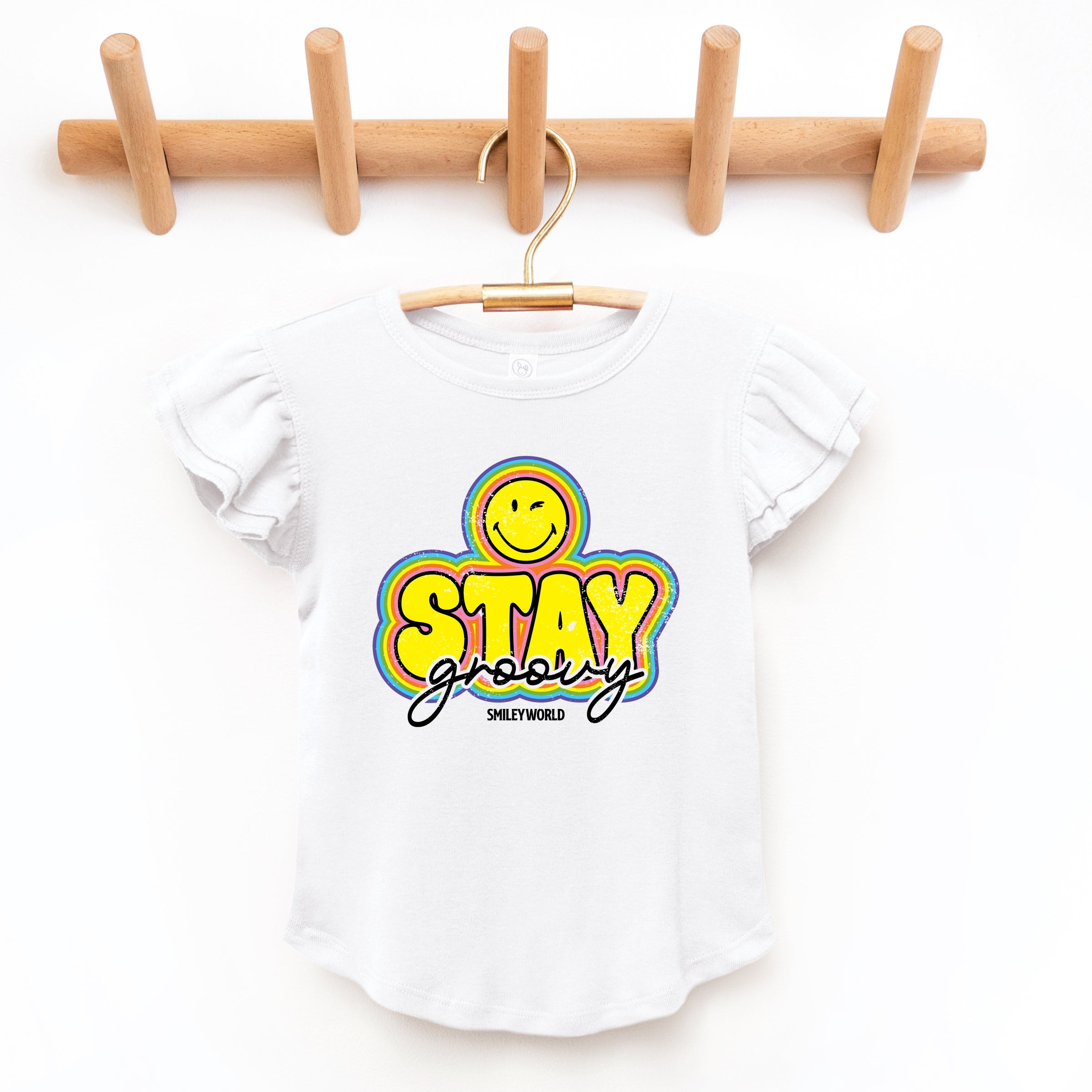 SmileyWorld Stay Groovy - Flutter Sleeve Graphic T-Shirt