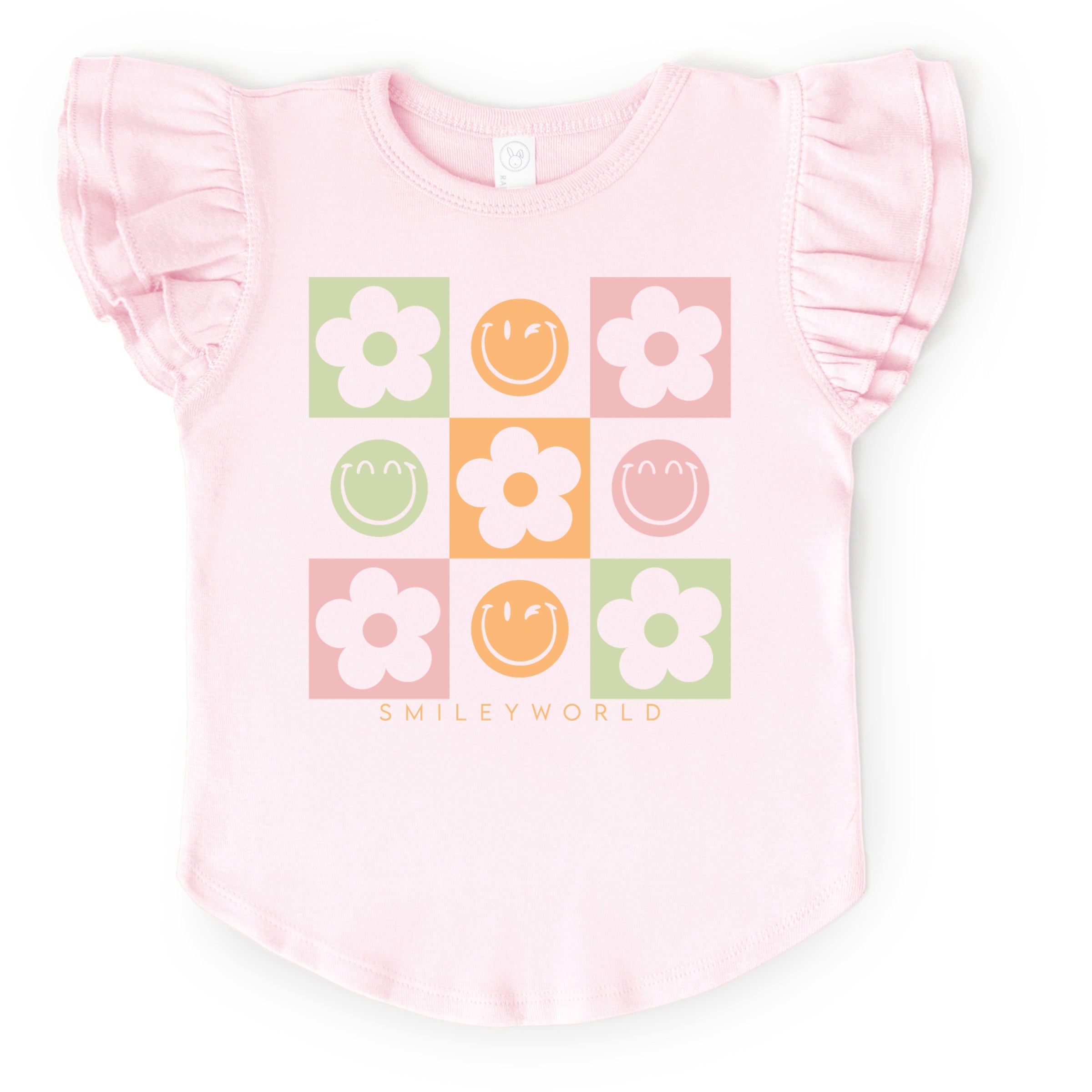 SmileyWorld Checkered Floral Smile - Flutter Sleeve Graphic T-Shirt