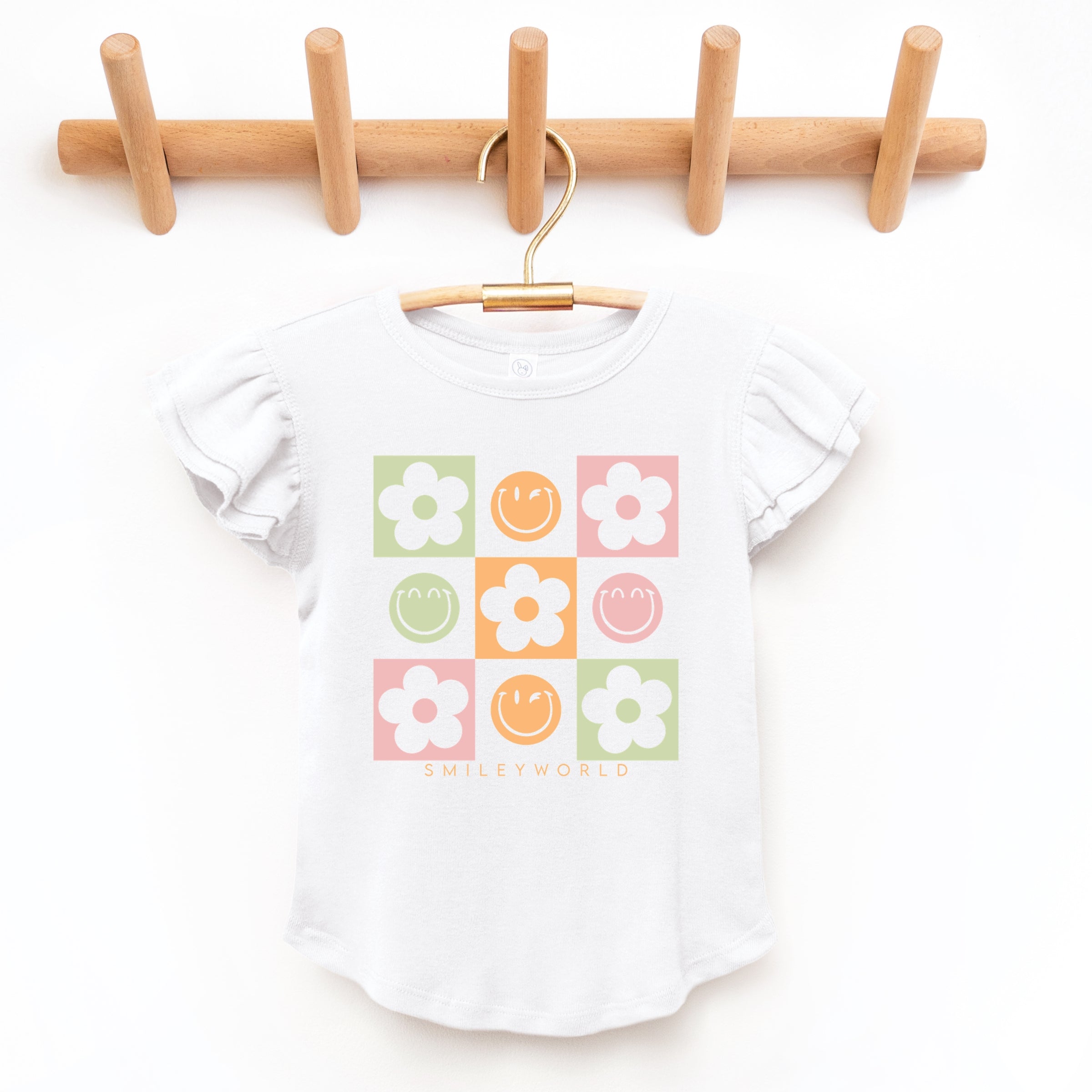 SmileyWorld Checkered Floral Smile - Flutter Sleeve Graphic T-Shirt