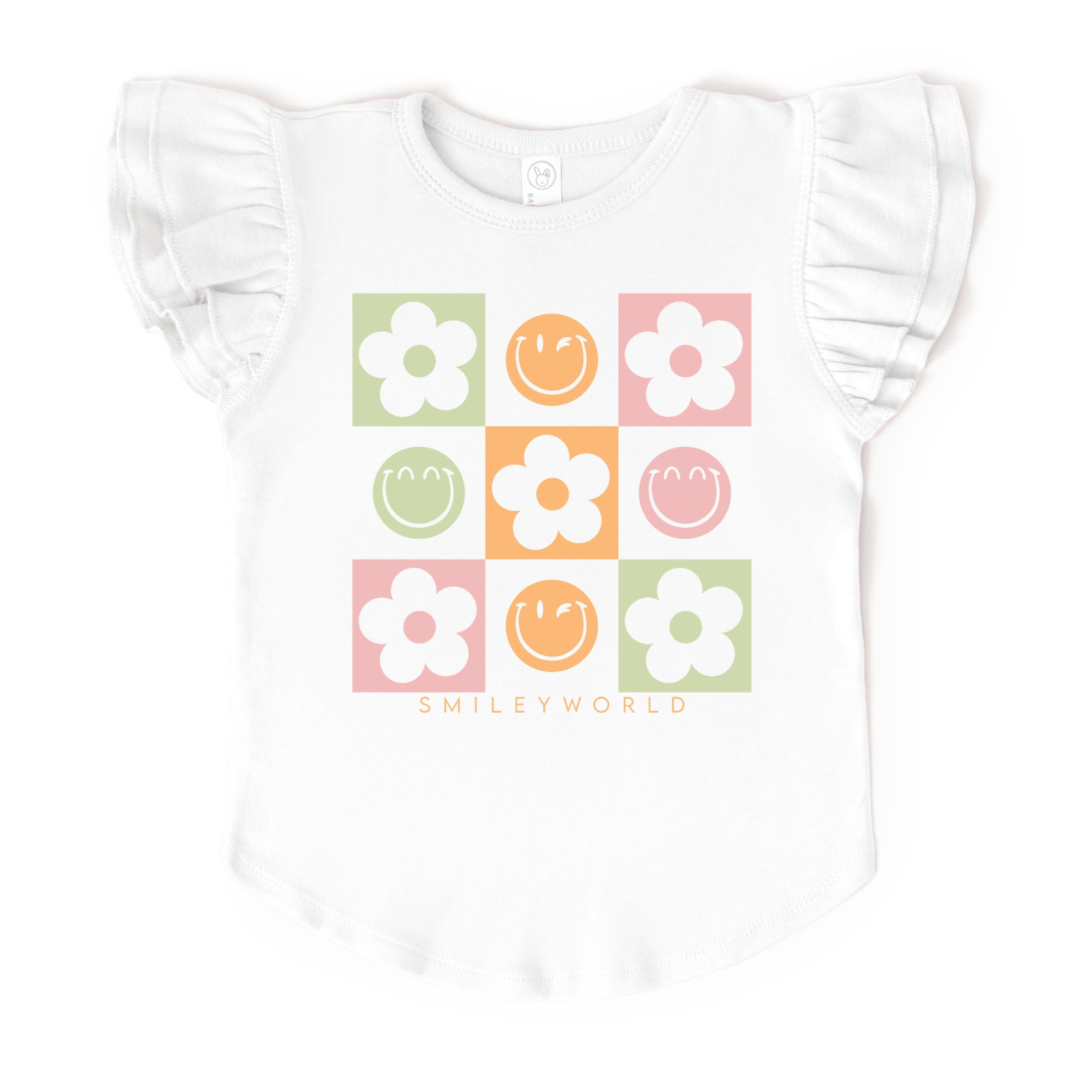 SmileyWorld Checkered Floral Smile - Flutter Sleeve Graphic T-Shirt