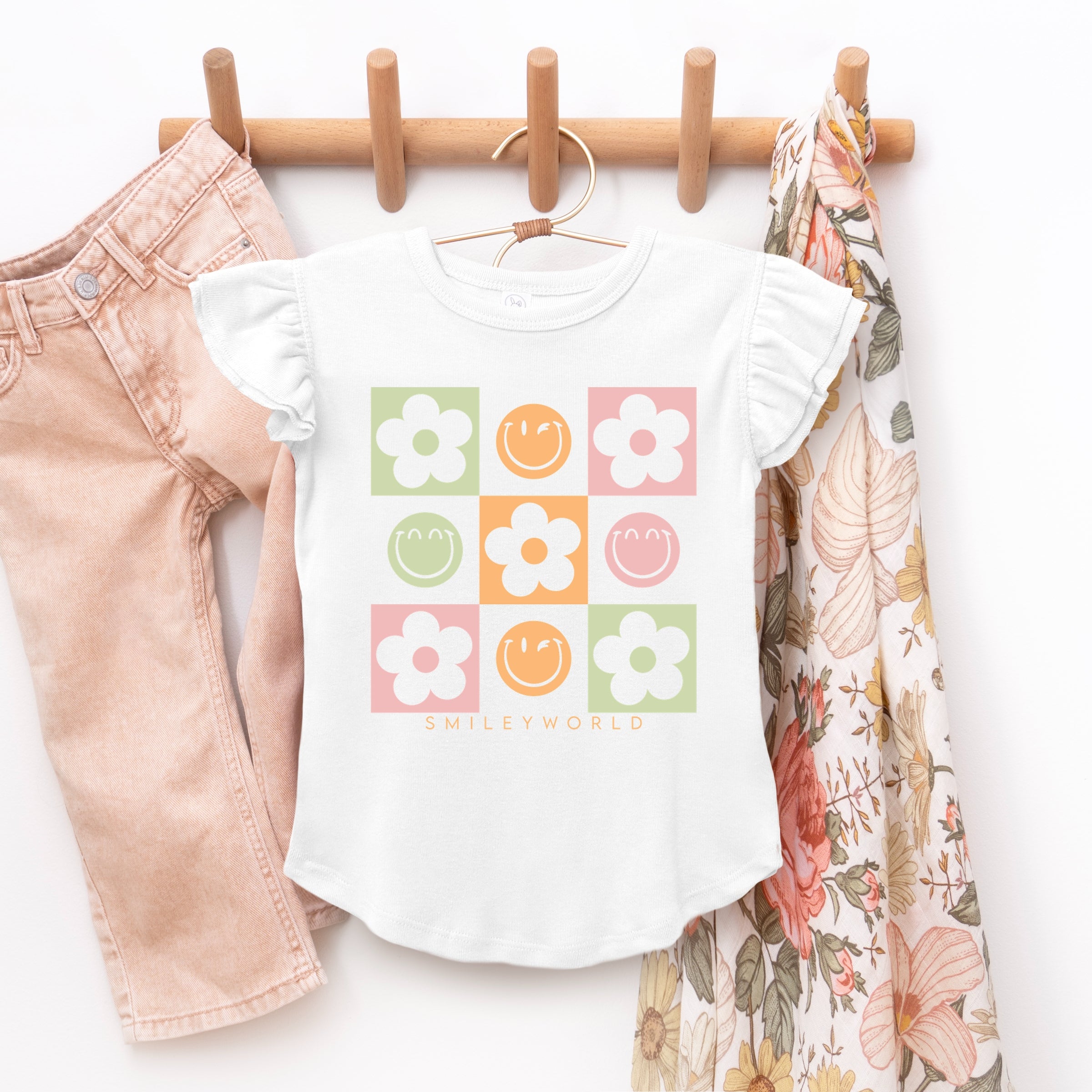 SmileyWorld Checkered Floral Smile - Flutter Sleeve Graphic T-Shirt