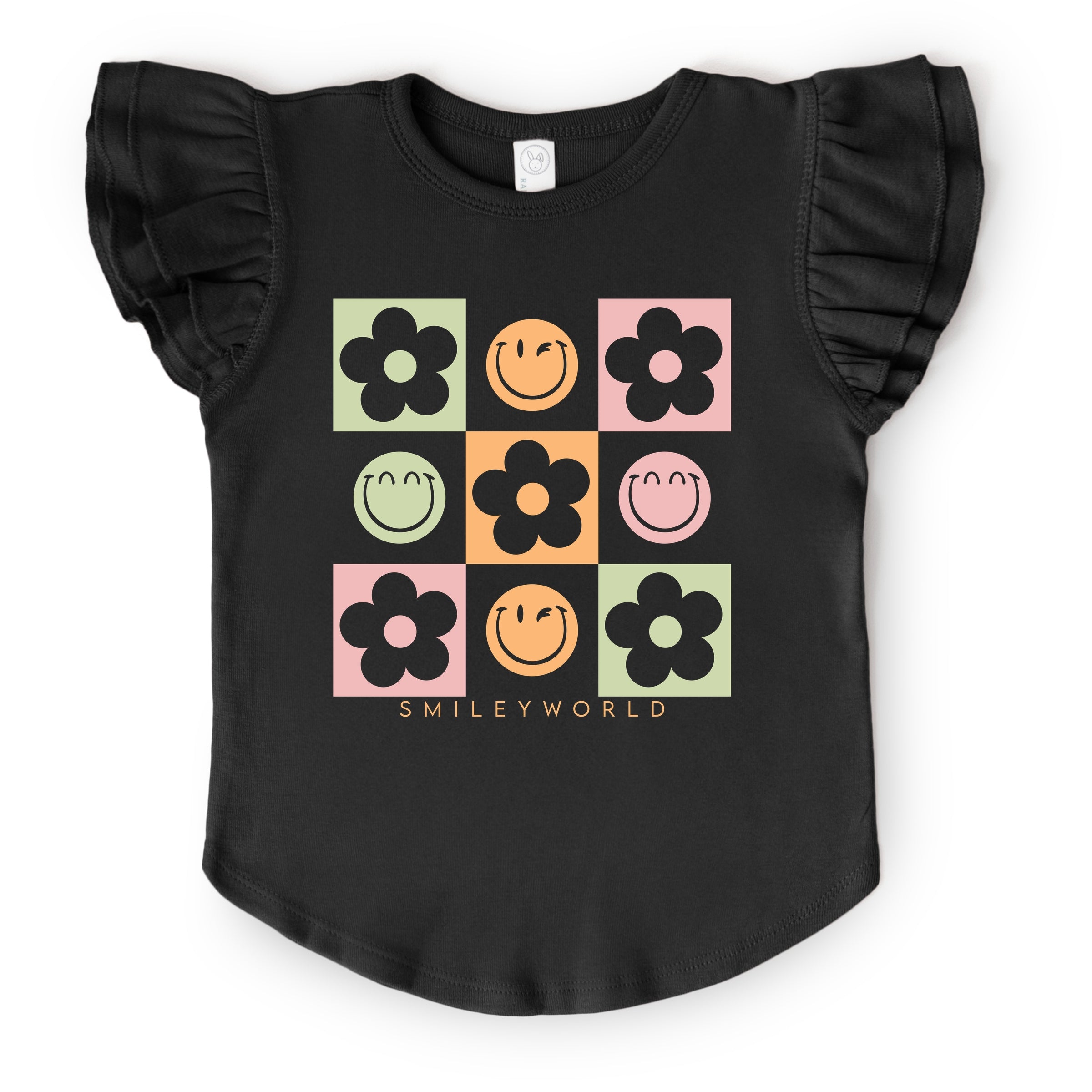 SmileyWorld Checkered Floral Smile - Flutter Sleeve Graphic T-Shirt