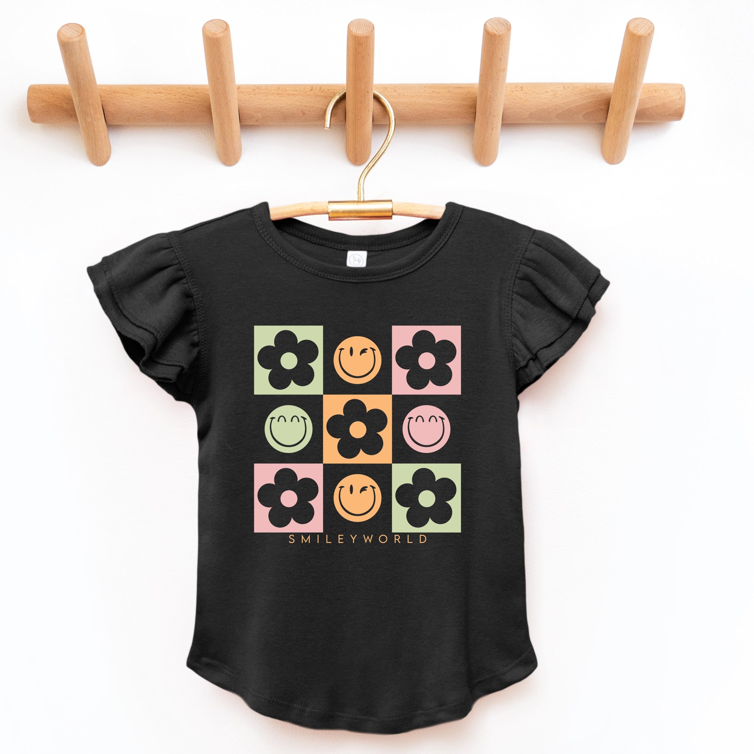 SmileyWorld Checkered Floral Smile - Flutter Sleeve Graphic T-Shirt