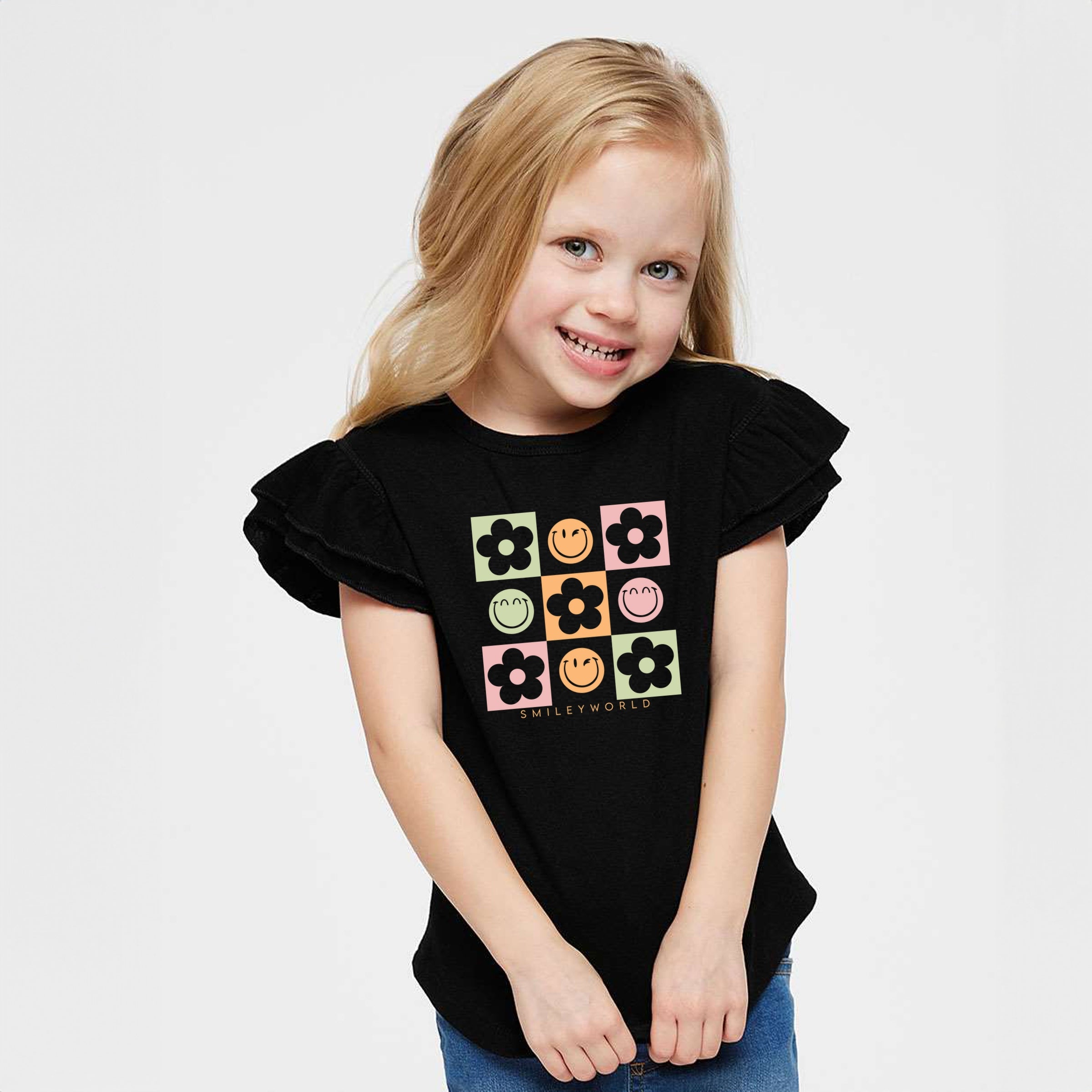 SmileyWorld Checkered Floral Smile - Flutter Sleeve Graphic T-Shirt