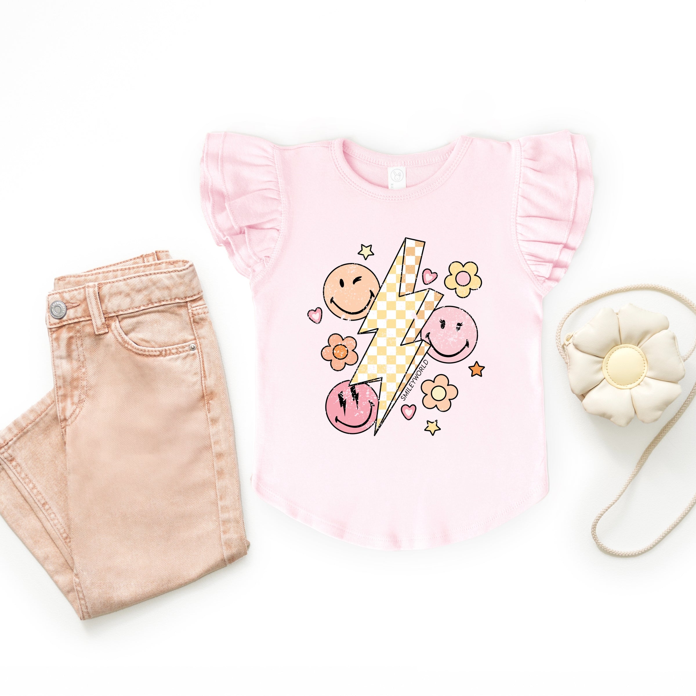 SmileyWorld Checkered Lightning Floral - Flutter Sleeve Graphic T-Shirt