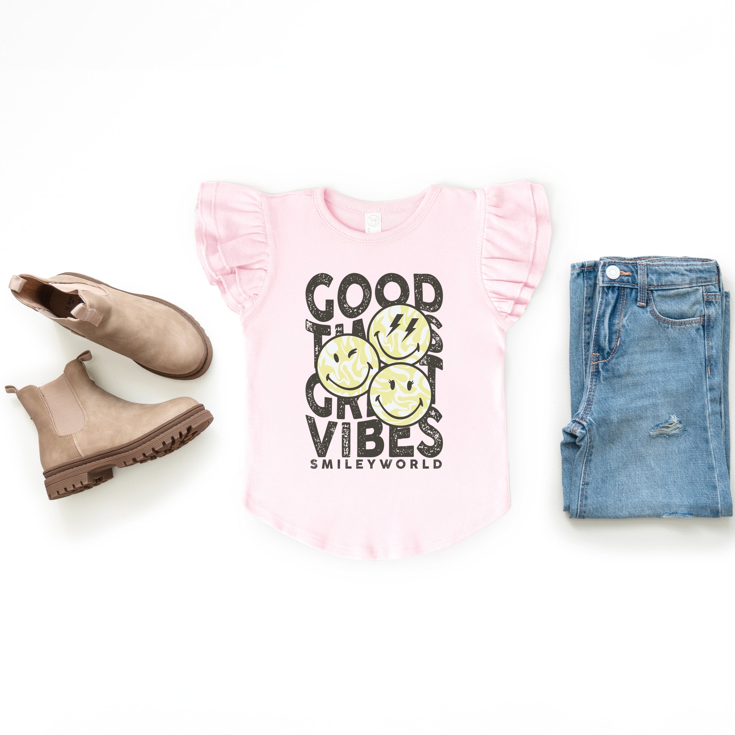 SmileyWorld Good Times Great Vibes  - Flutter Sleeve Graphic T-Shirt