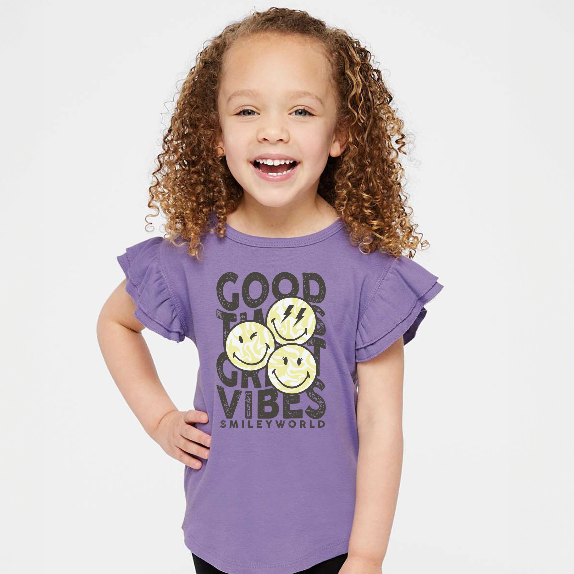 SmileyWorld Good Times Great Vibes  - Flutter Sleeve Graphic T-Shirt