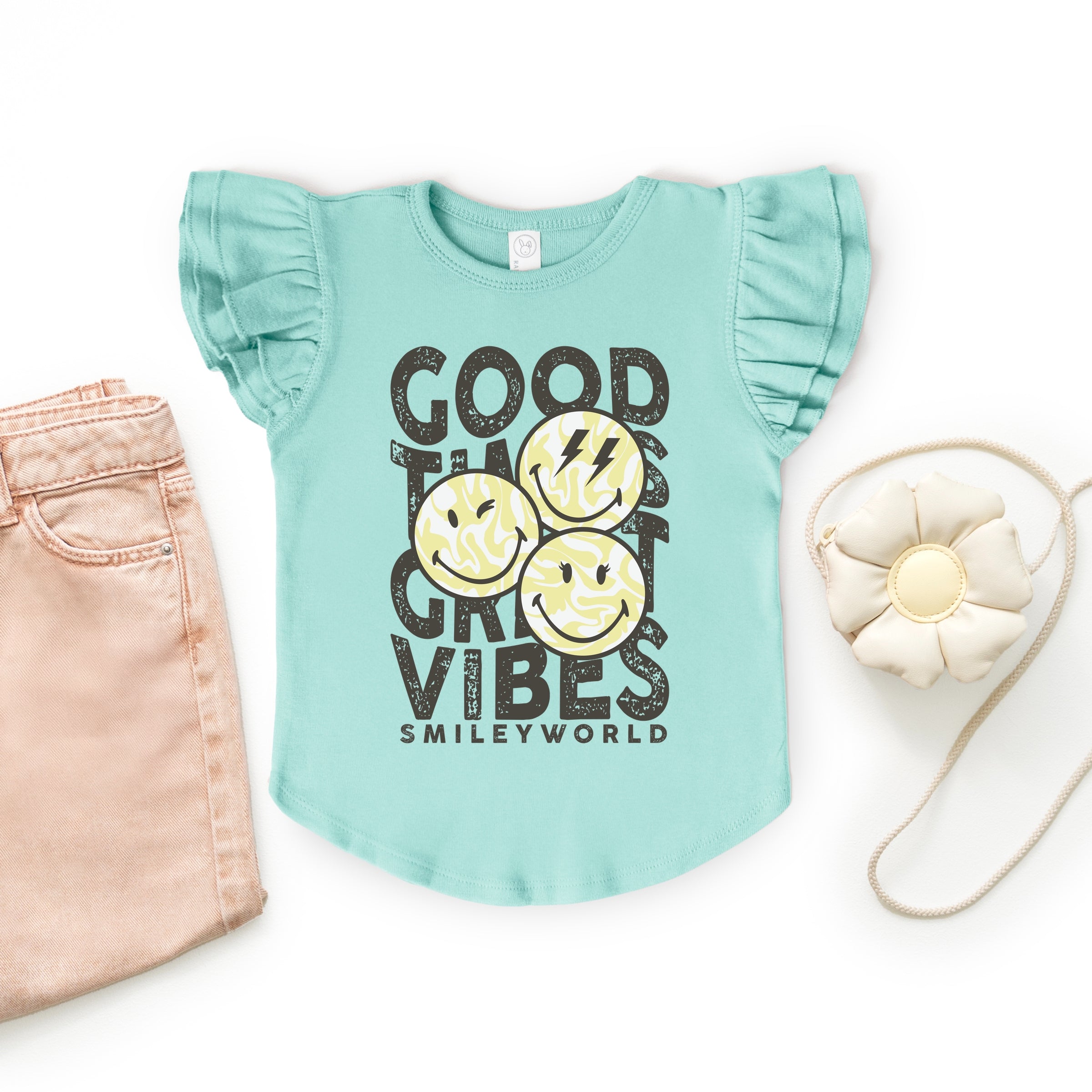 SmileyWorld Good Times Great Vibes  - Flutter Sleeve Graphic T-Shirt