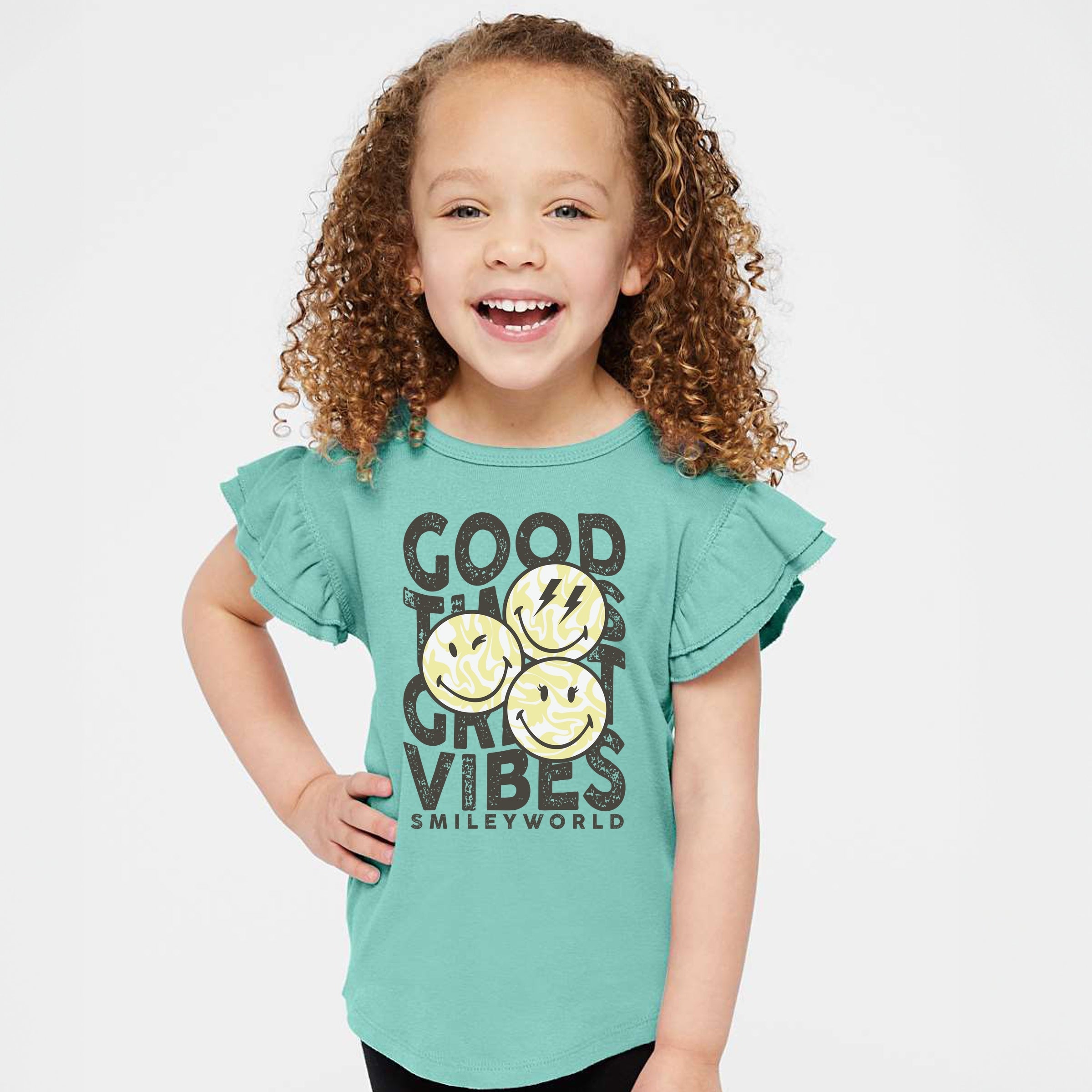 SmileyWorld Good Times Great Vibes  - Flutter Sleeve Graphic T-Shirt