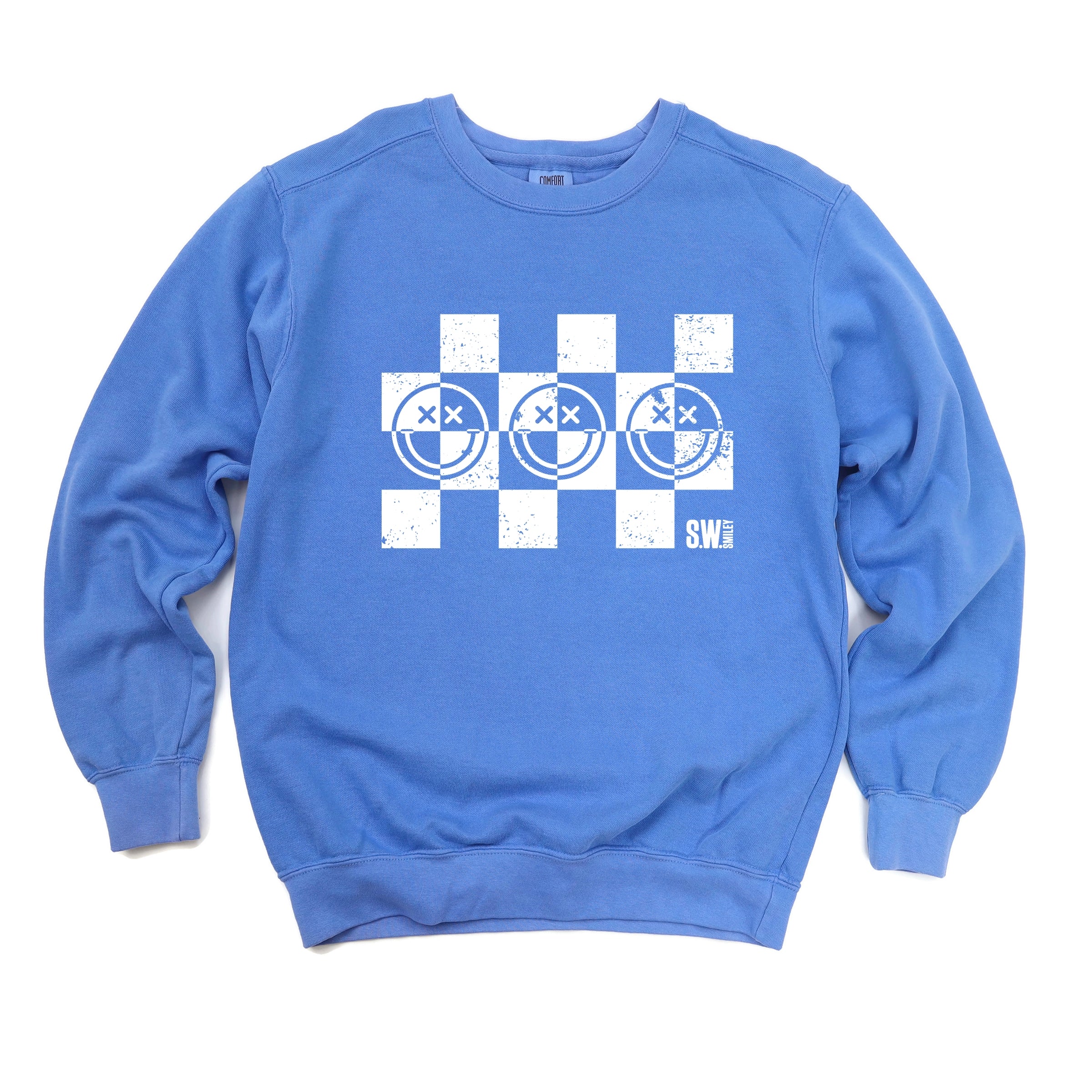 S.W.Smiley Checkered X Face - Women's Garment Dyed Graphic Sweatshirt