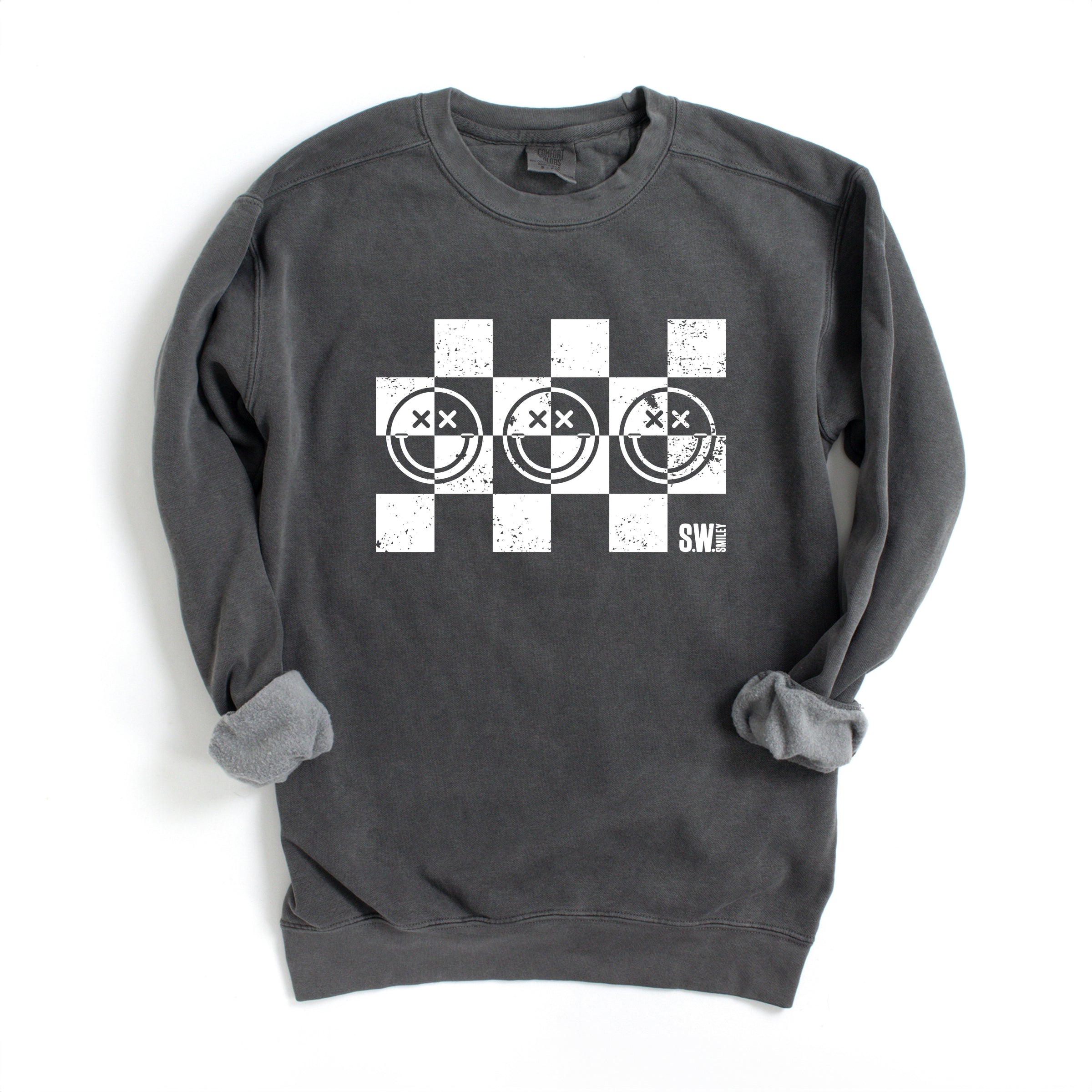 S.W.Smiley Checkered X Face - Women's Garment Dyed Graphic Sweatshirt