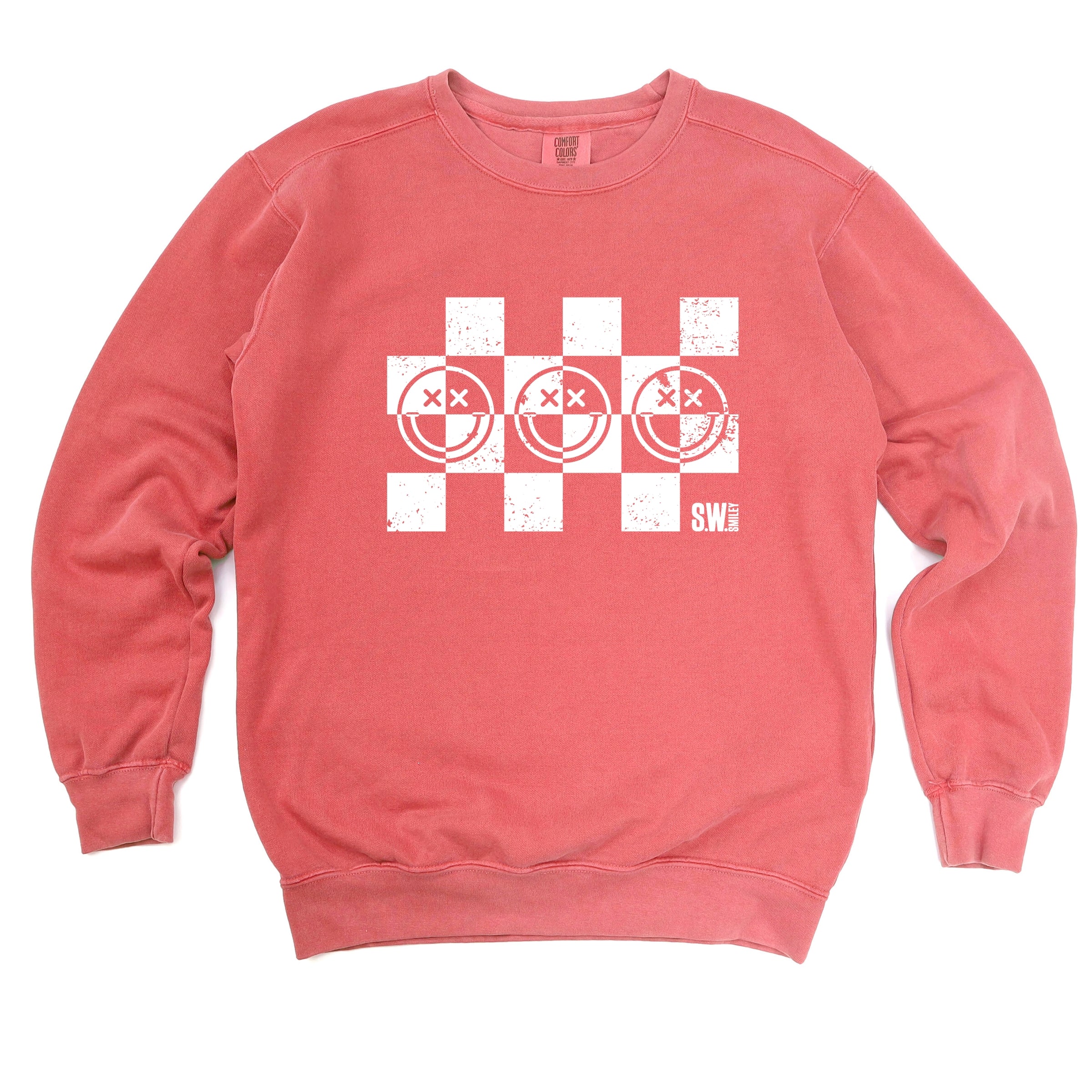 S.W.Smiley Checkered X Face - Women's Garment Dyed Graphic Sweatshirt