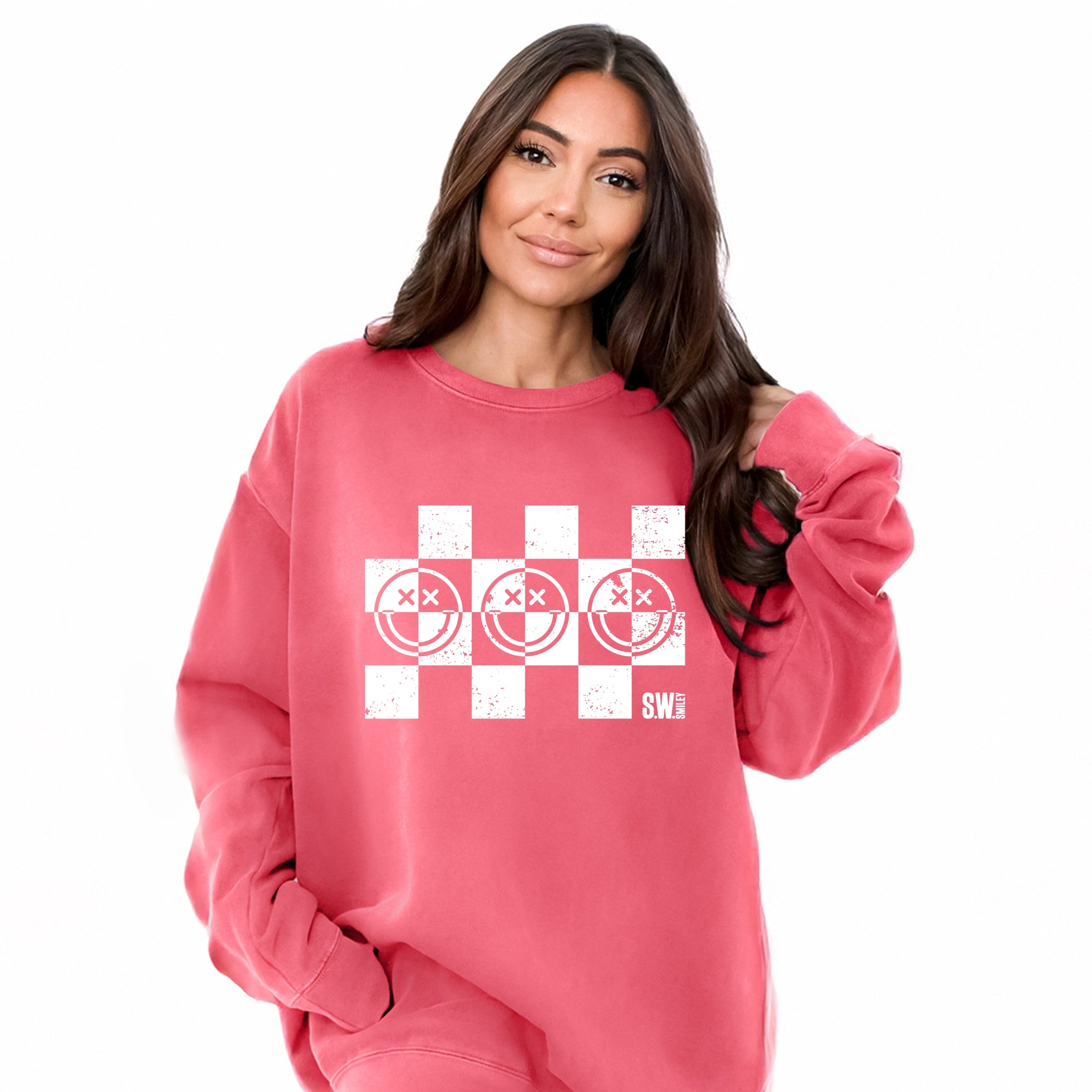 S.W.Smiley Checkered X Face - Women's Garment Dyed Graphic Sweatshirt