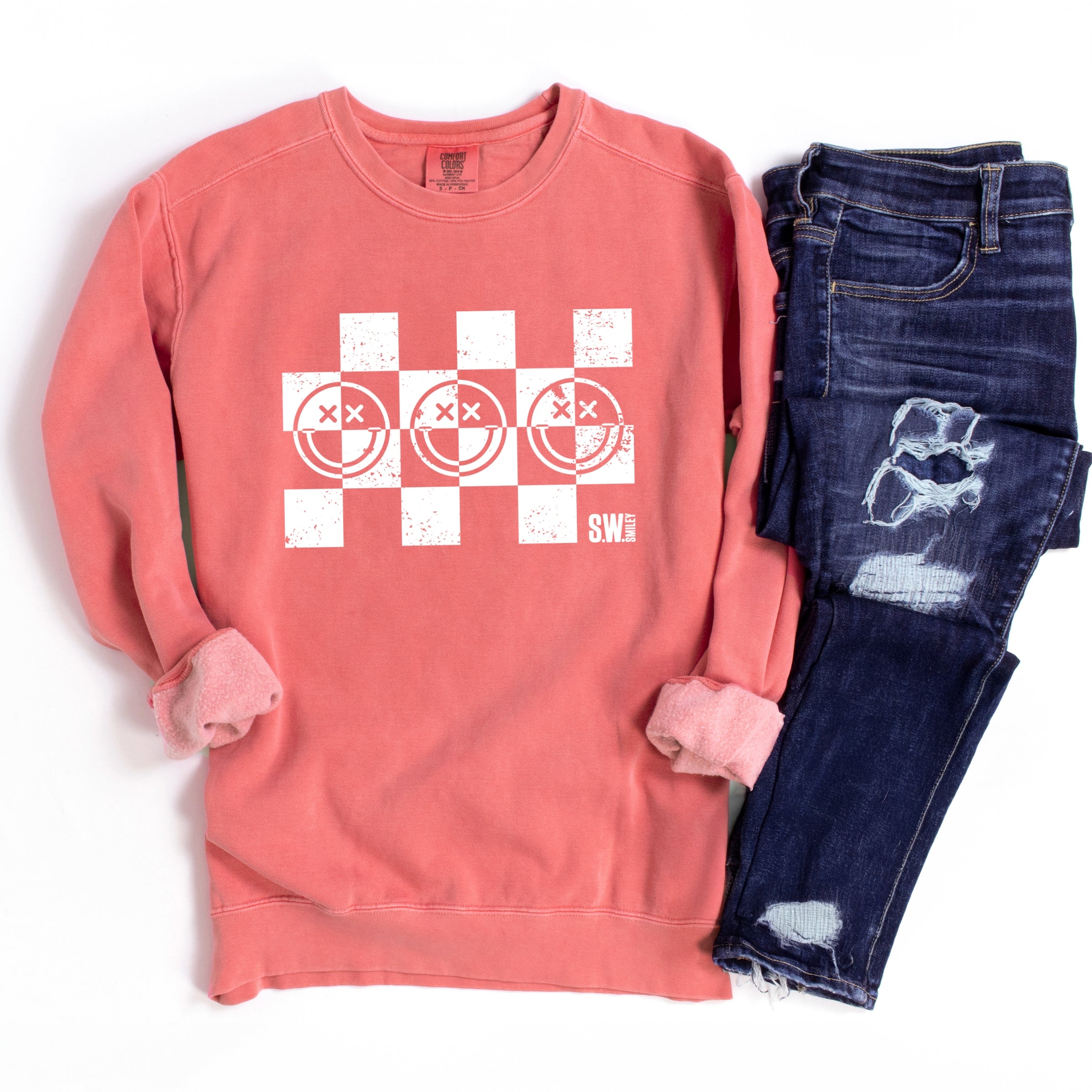 S.W.Smiley Checkered X Face - Women's Garment Dyed Graphic Sweatshirt
