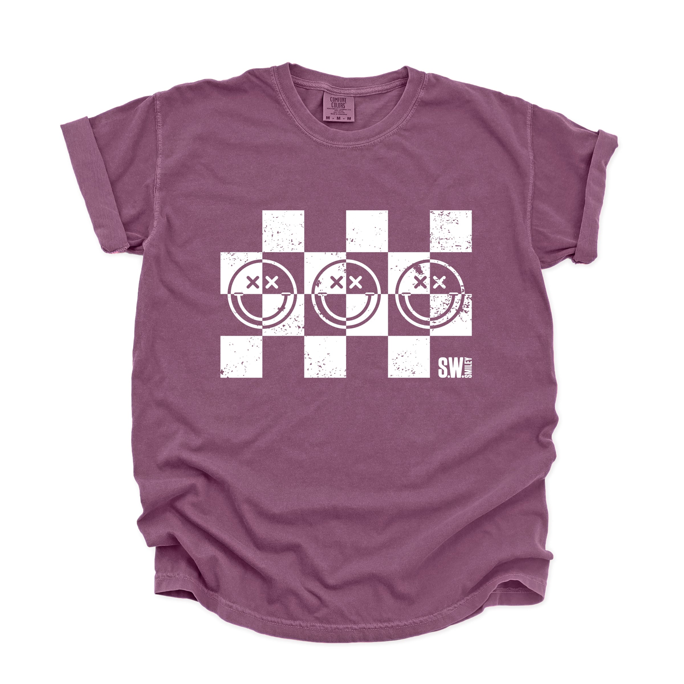 S.W.Smiley Checkered X Face - Women's Garment Dyed Graphic T-Shirt
