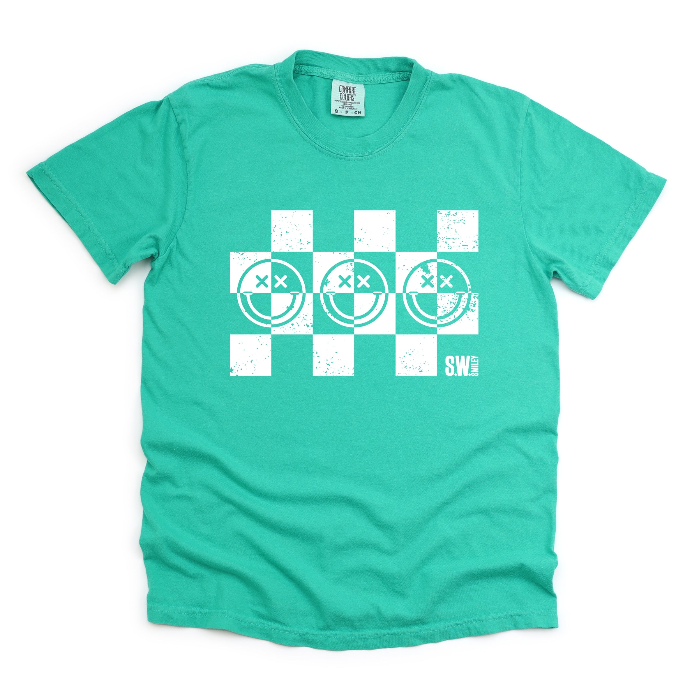 S.W.Smiley Checkered X Face - Women's Garment Dyed Graphic T-Shirt
