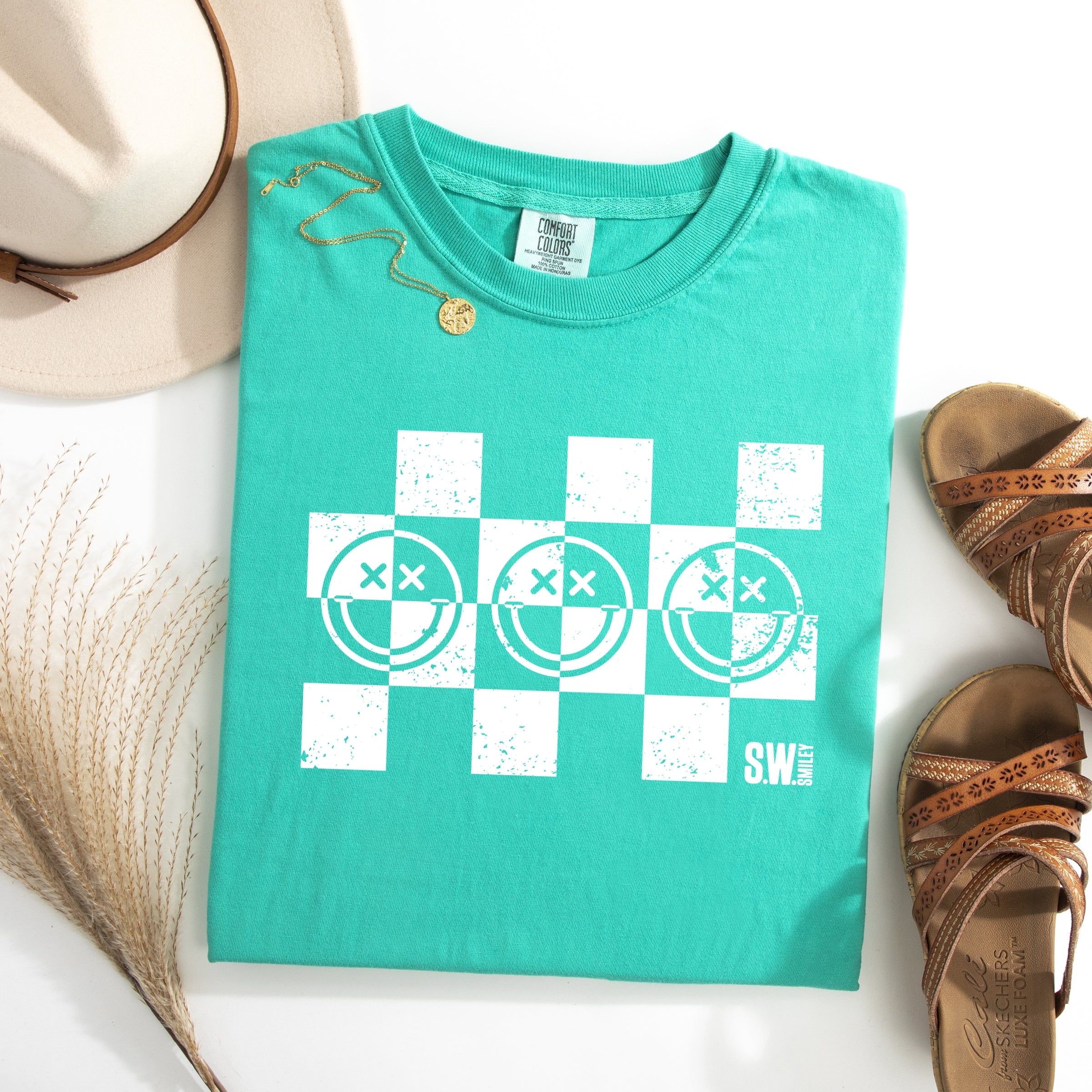 S.W.Smiley Checkered X Face - Women's Garment Dyed Graphic T-Shirt