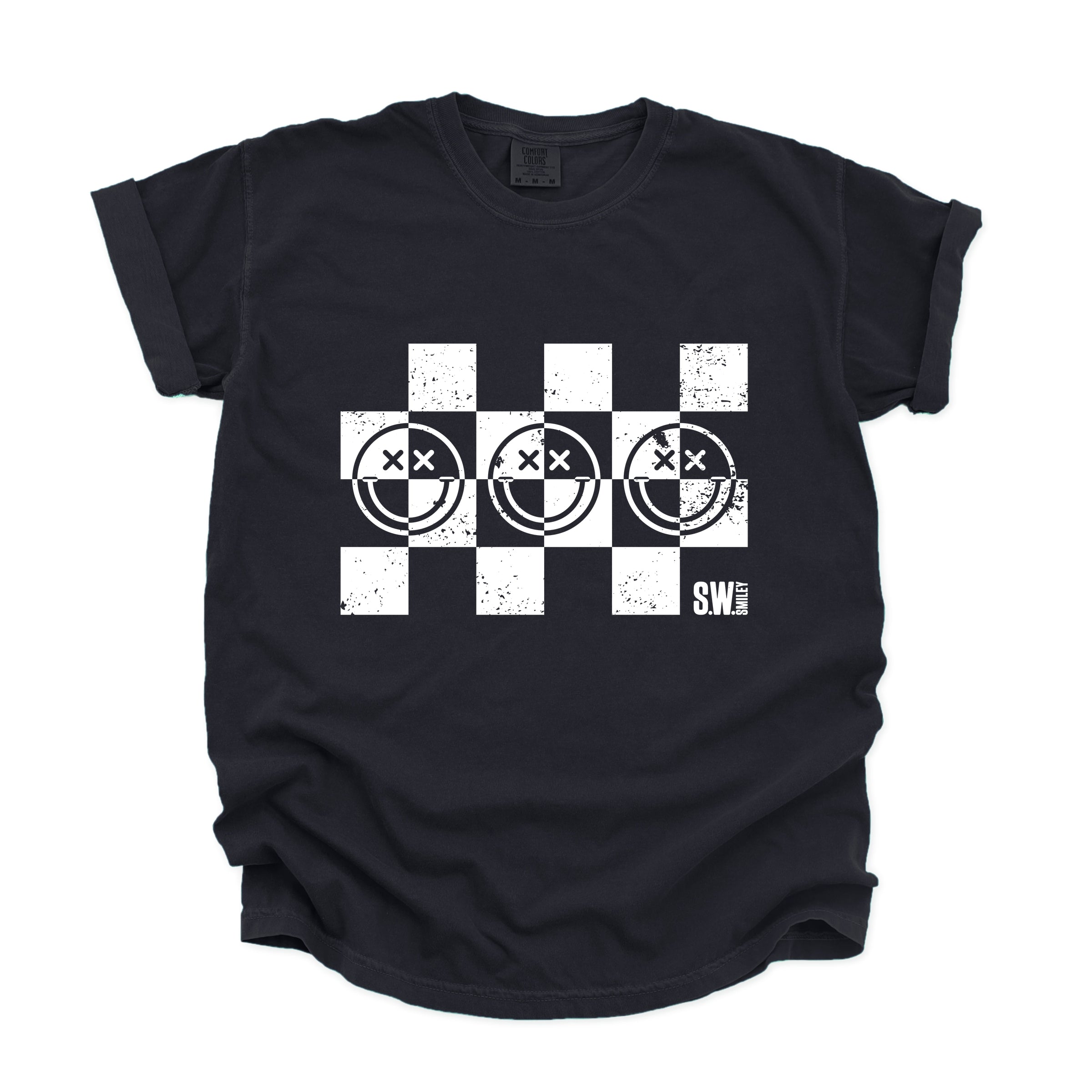 S.W.Smiley Checkered X Face - Women's Garment Dyed Graphic T-Shirt