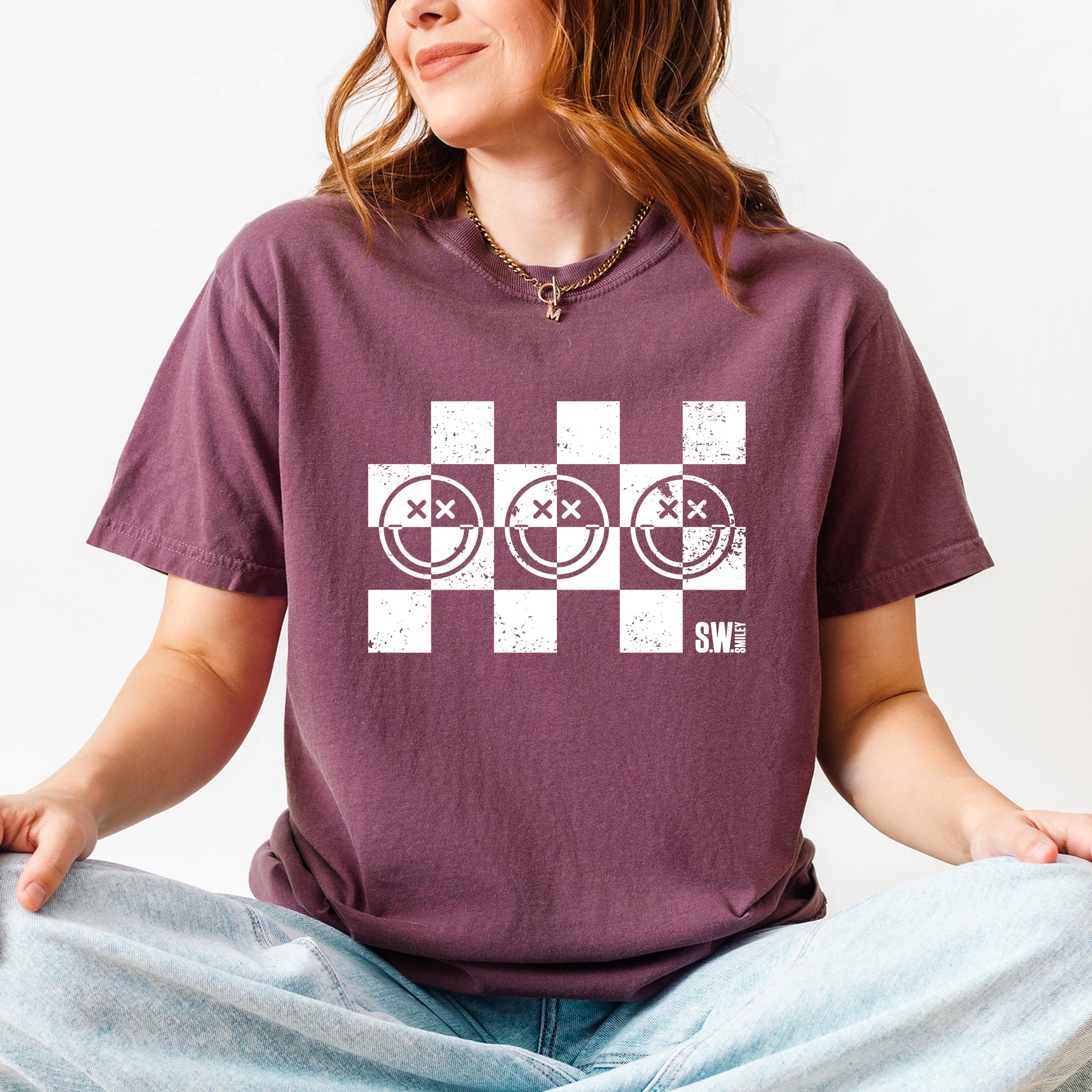 S.W.Smiley Checkered X Face - Women's Garment Dyed Graphic T-Shirt