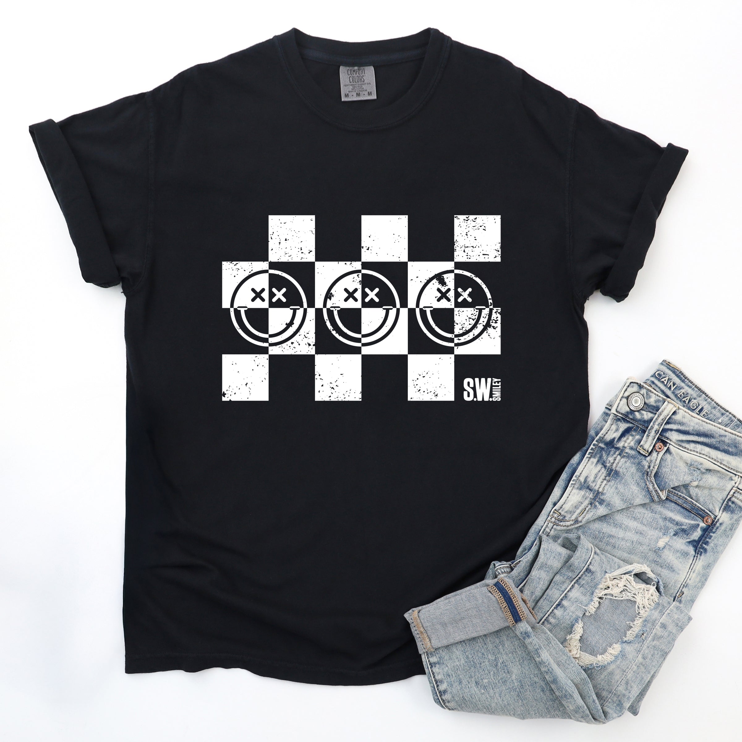 S.W.Smiley Checkered X Face - Women's Garment Dyed Graphic T-Shirt