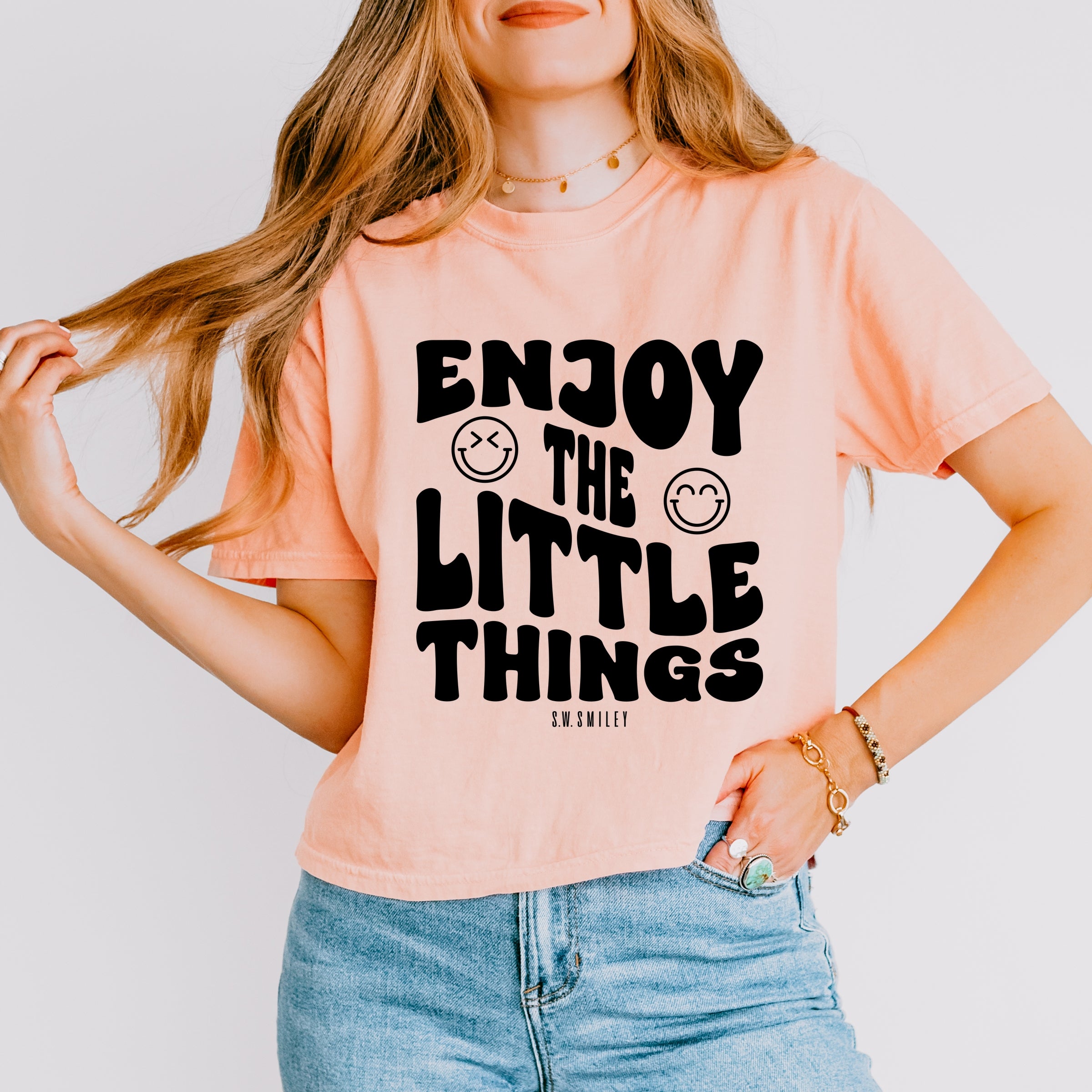 S.W.Smiley Enjoy The Little Things - Women's Boxy Crop Top Graphic T-Shirt