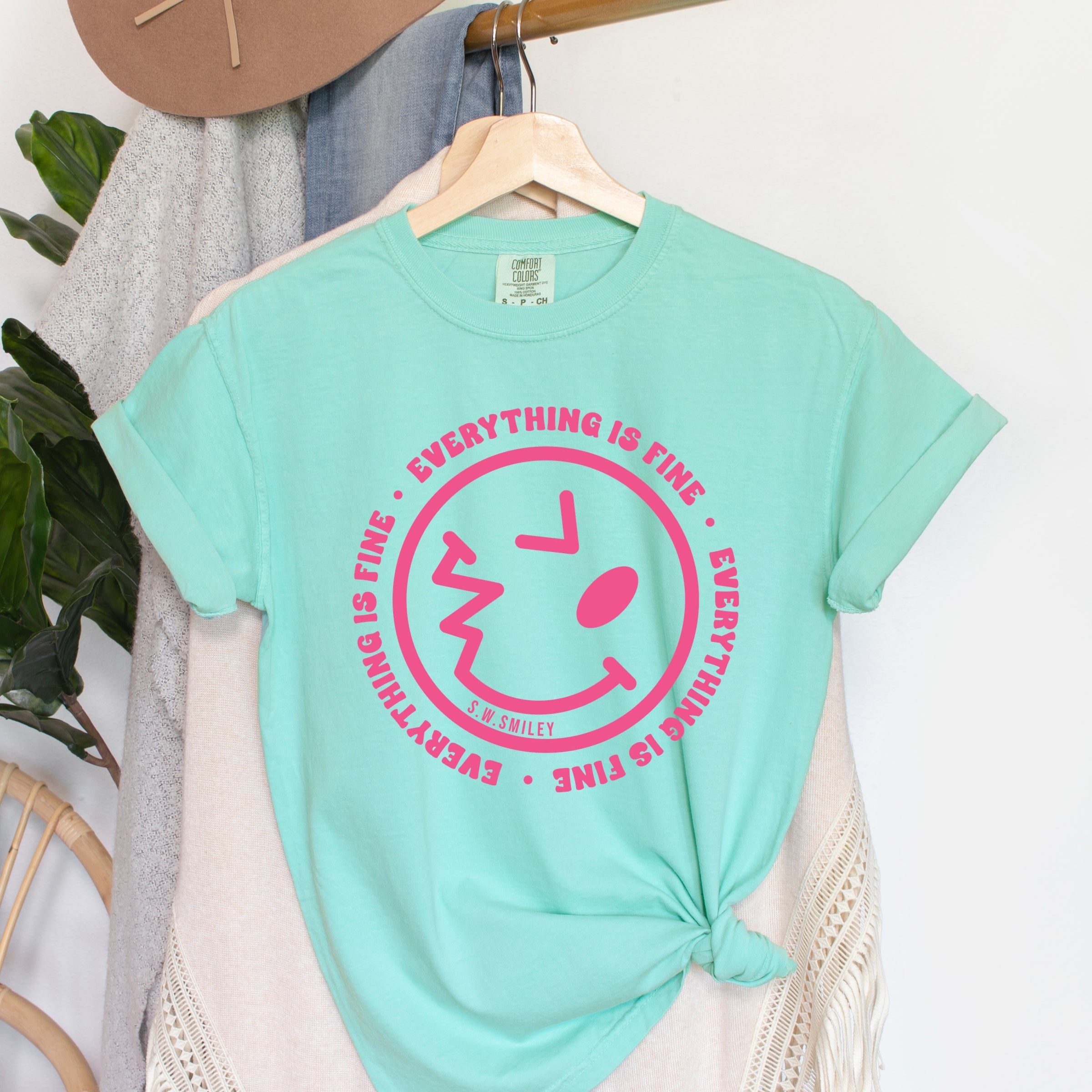 S.W.Smiley Everything Is Fine - Women's Garment Dyed Graphic T-Shirt