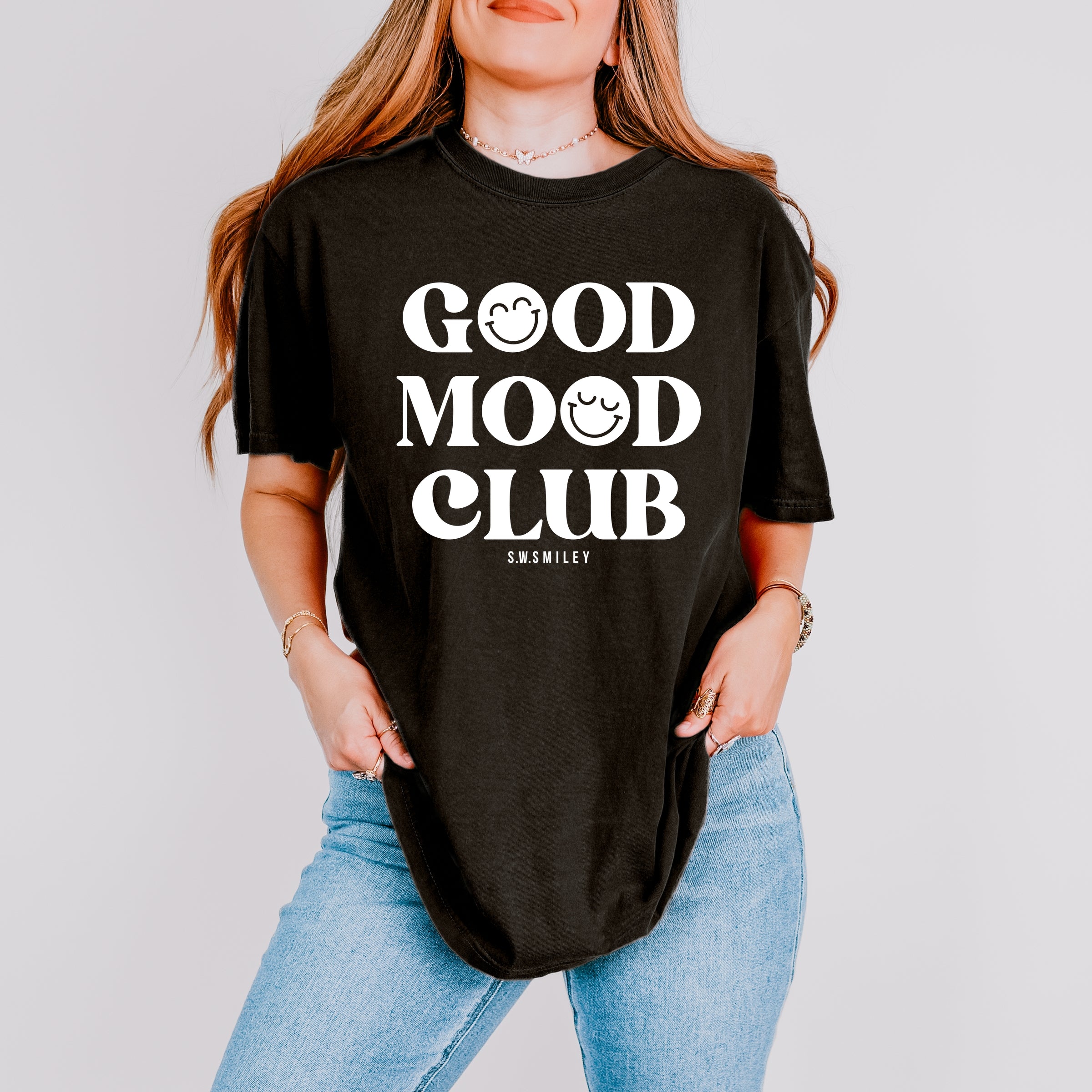 S.W.Smiley Good Mood Club - Women's Garment Dyed Graphic T-Shirt