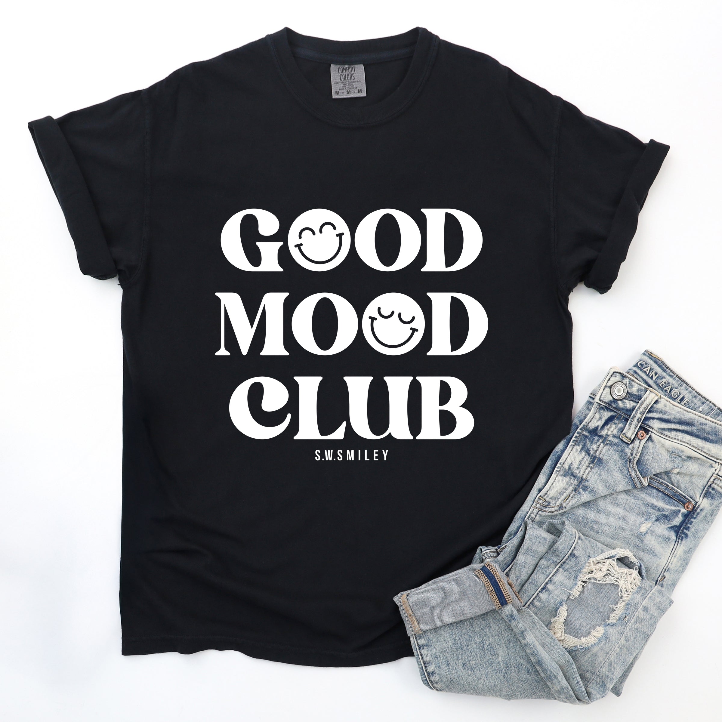 S.W.Smiley Good Mood Club - Women's Garment Dyed Graphic T-Shirt
